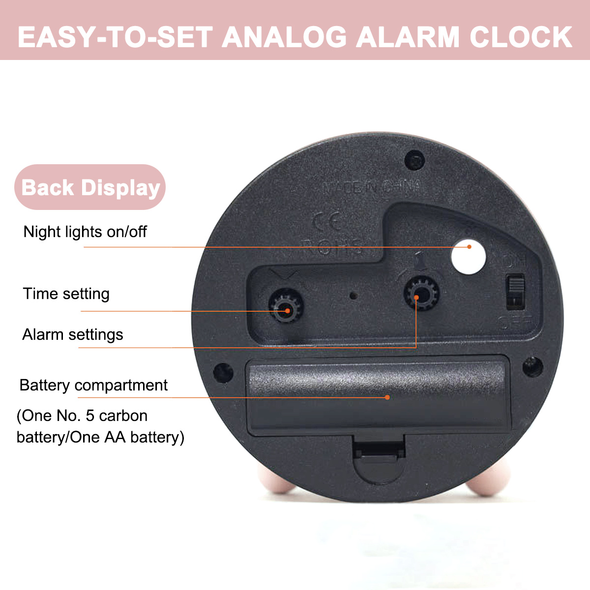 Rückseite eines Weckers mit Einstellungen für Zeit, Alarm und Batteriefach.