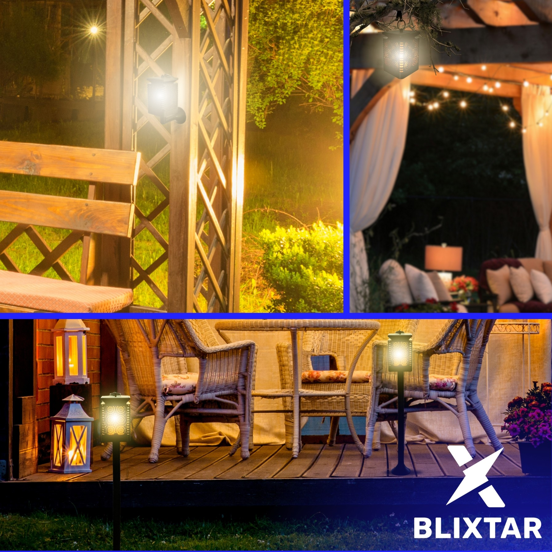 Cztery obrazy. Ustawienia zewnętrzne ze światłami. Latarnie, altana, meble tarasowe. Ciepłe oświetlenie. Logo Blixstar.