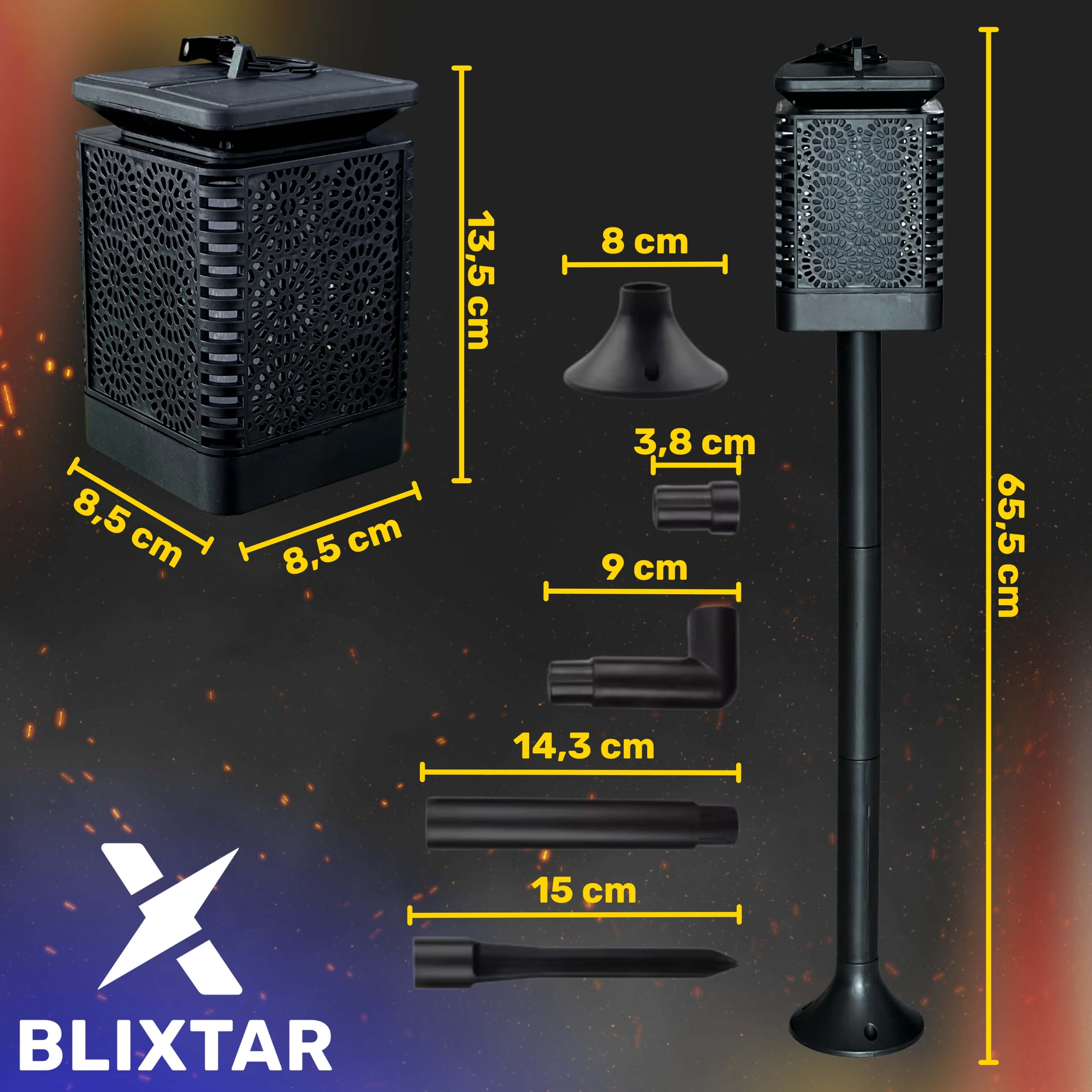 Zewnętrzne lampy solarne z wymiarami. Czarny design, pokazano różne komponenty.