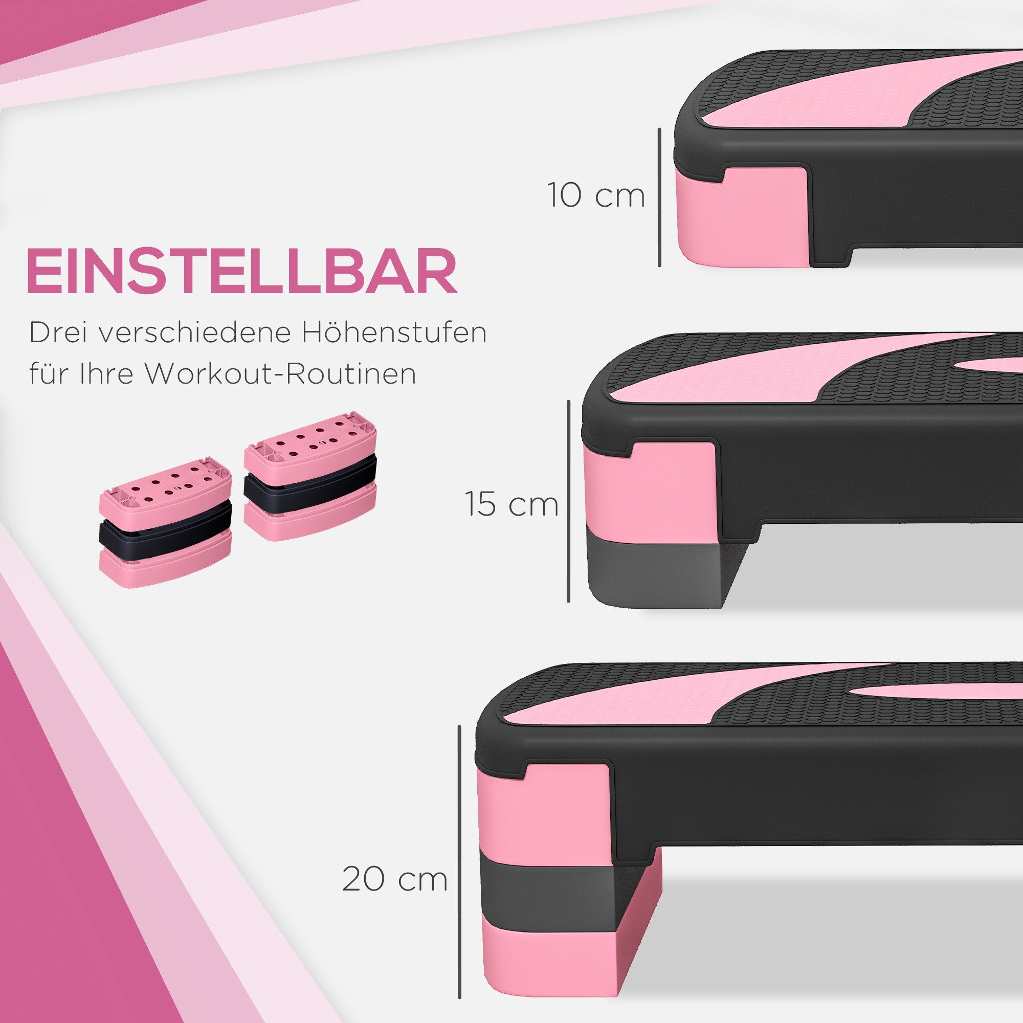Drei schwarze und rosa Workout-Stufen mit Abmessungen, die Höhenanpassungen angeben: 10 cm, 15 cm, 20 cm.