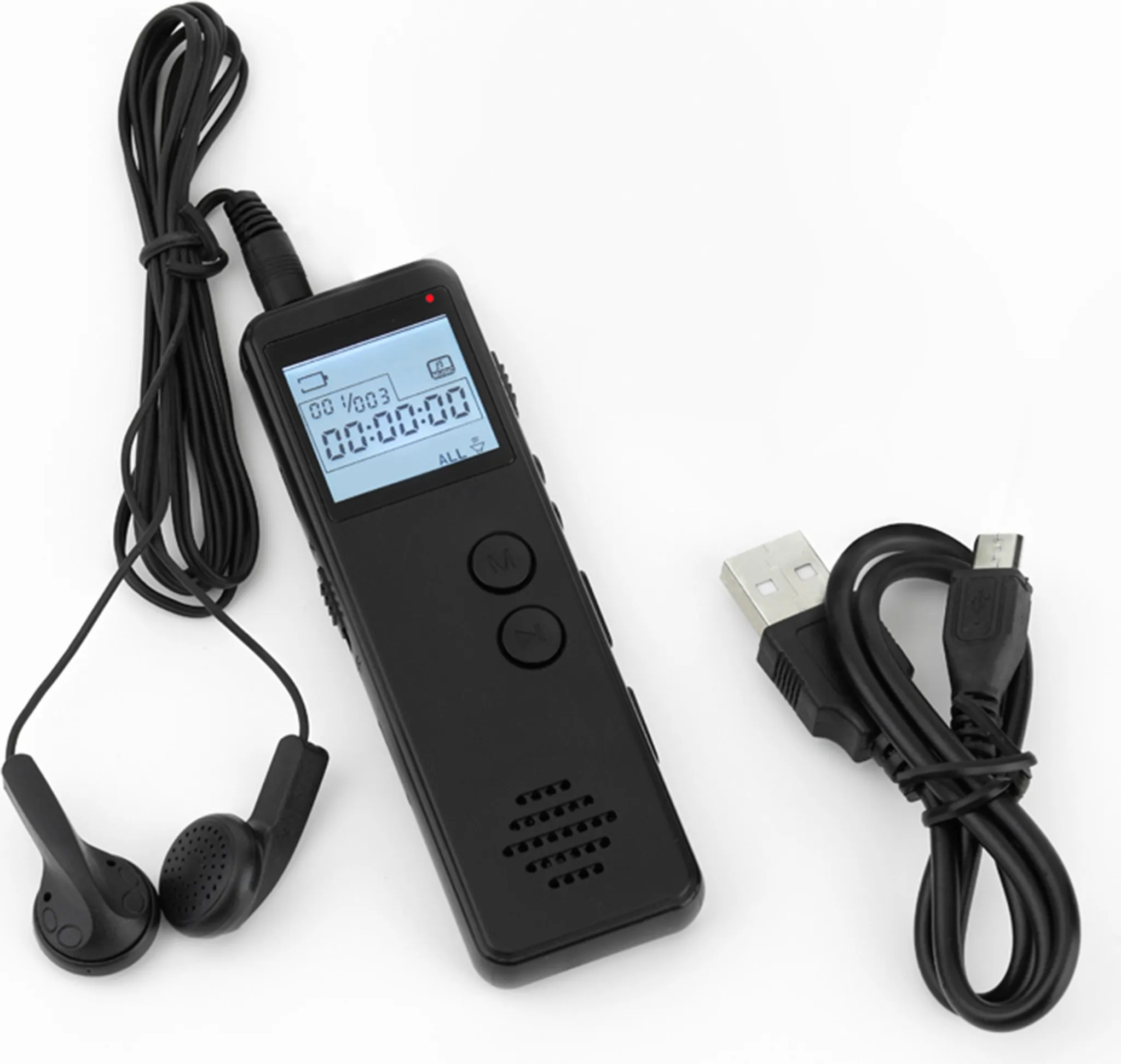 Ein schwarzes digitales Aufnahmegerät mit Kopfhörern und einem USB-Kabel auf weißer Oberfläche.