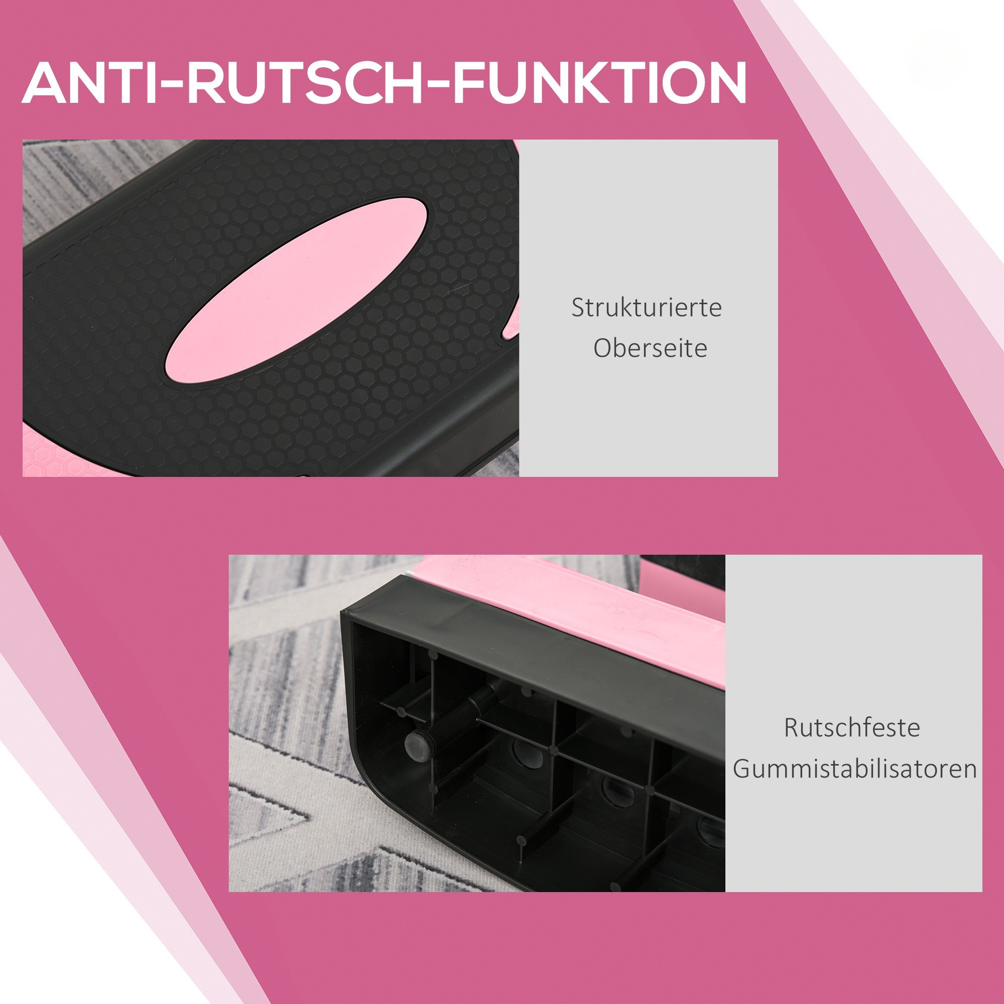Pinke und schwarze Trittplattform mit Anti-Rutsch-Funktionen, die eine Nahaufnahme der strukturierten Oberfläche zeigt.
