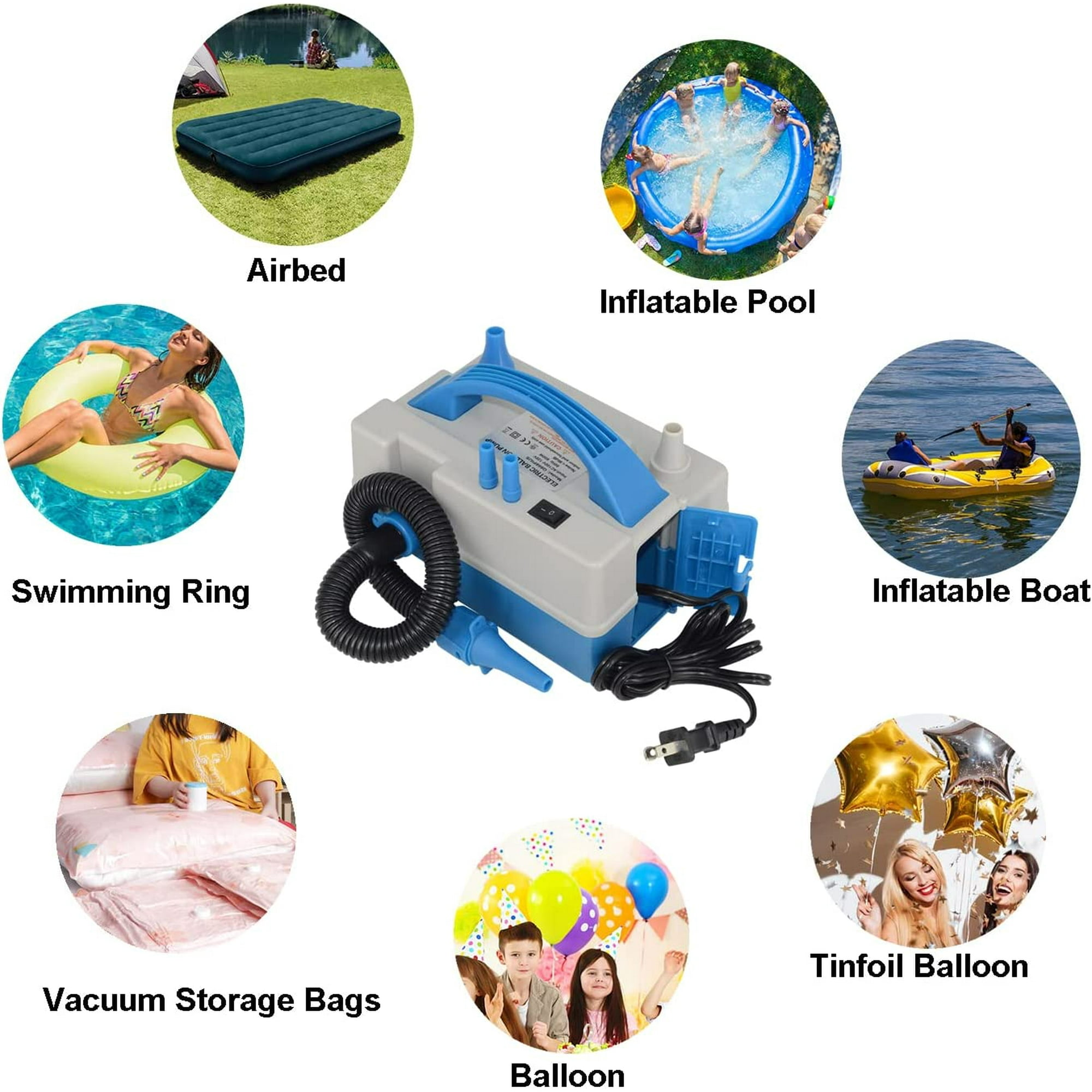 Eine Luftpumpe neben verschiedenen aufblasbaren Gegenständen: Luftbett, Pool, Schwimmring, Boot, Ballons und Aufbewahrungssäcke.