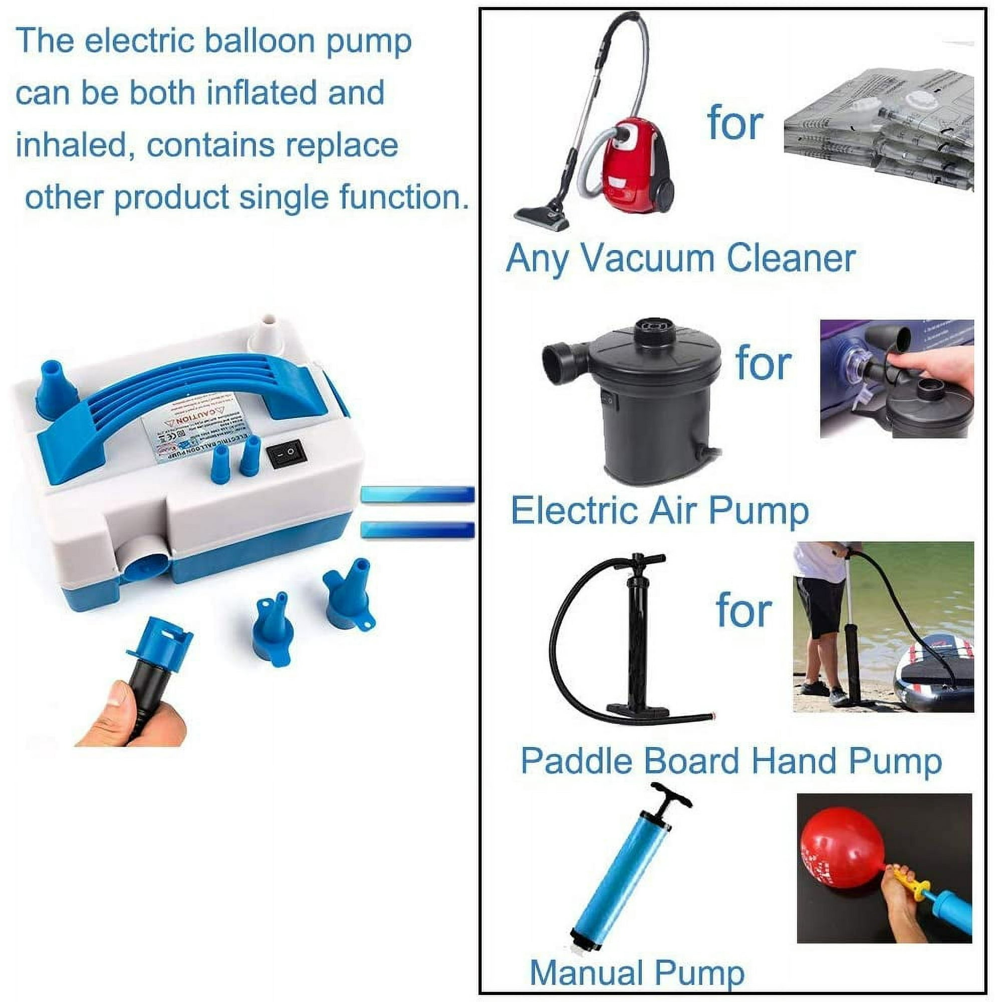 Bild einer elektrischen Ballonpumpe und verschiedener Pumpentypen für verschiedene Anwendungen.