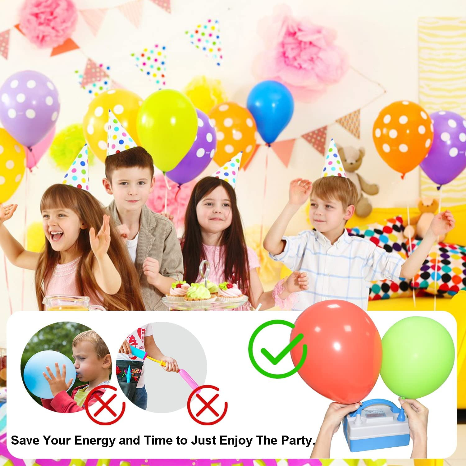 Kinder auf einer Party mit Luftballons. Ein Luftballon wird mit einer Pumpe aufgeblasen.
