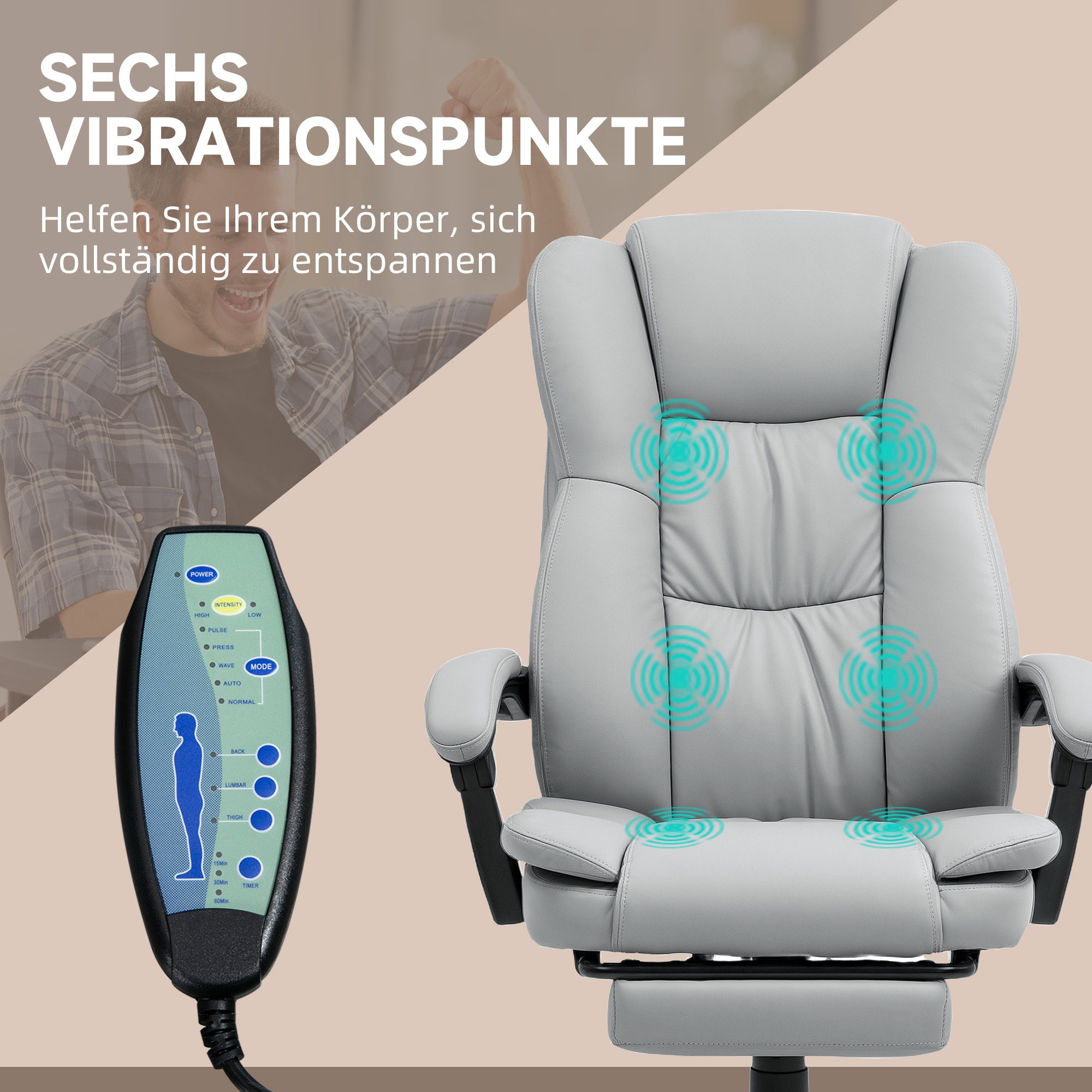 Ein Massagestuhl mit Bedienfeld und dem Text 'Sechs Vibrationspunkte' mit grafischen Kreisen.