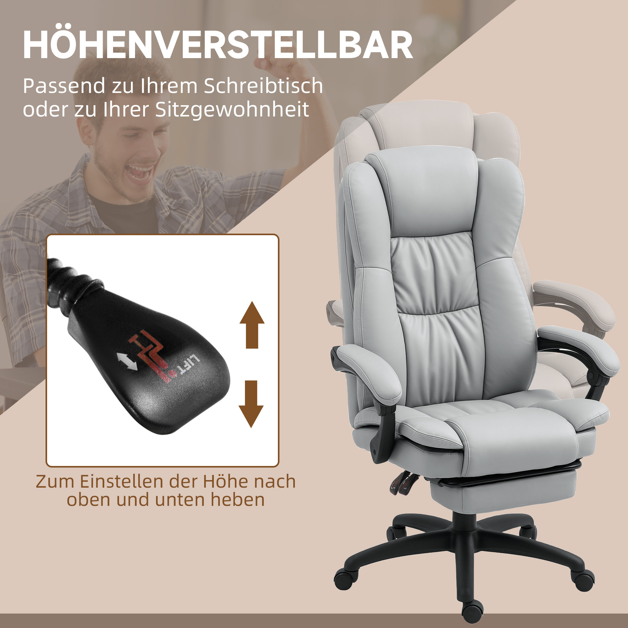 Grauer Leder-Bürostuhl, mit Höhenverstellhebel und Text auf Deutsch.