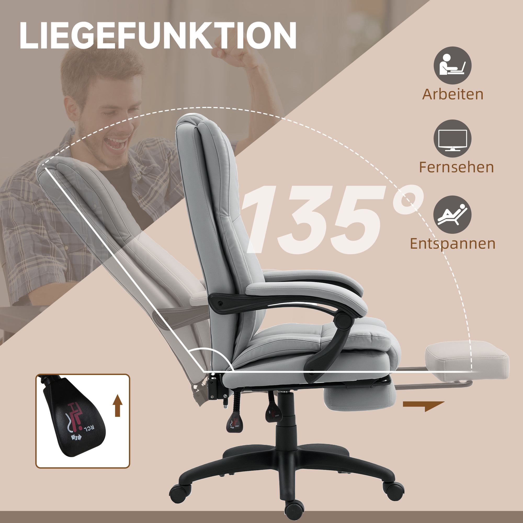 Bürostuhl um 135 Grad geneigt, Optionen: Arbeiten, Fernsehen, Entspannen.