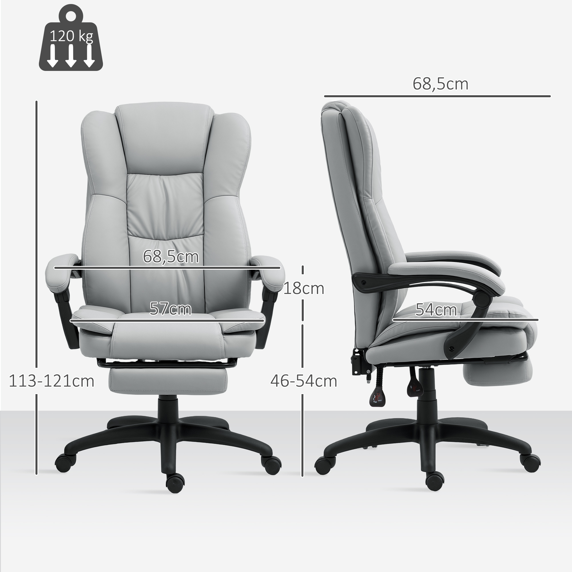 Una silla de oficina gris con dimensiones etiquetadas, incluyendo 120 kg de capacidad.