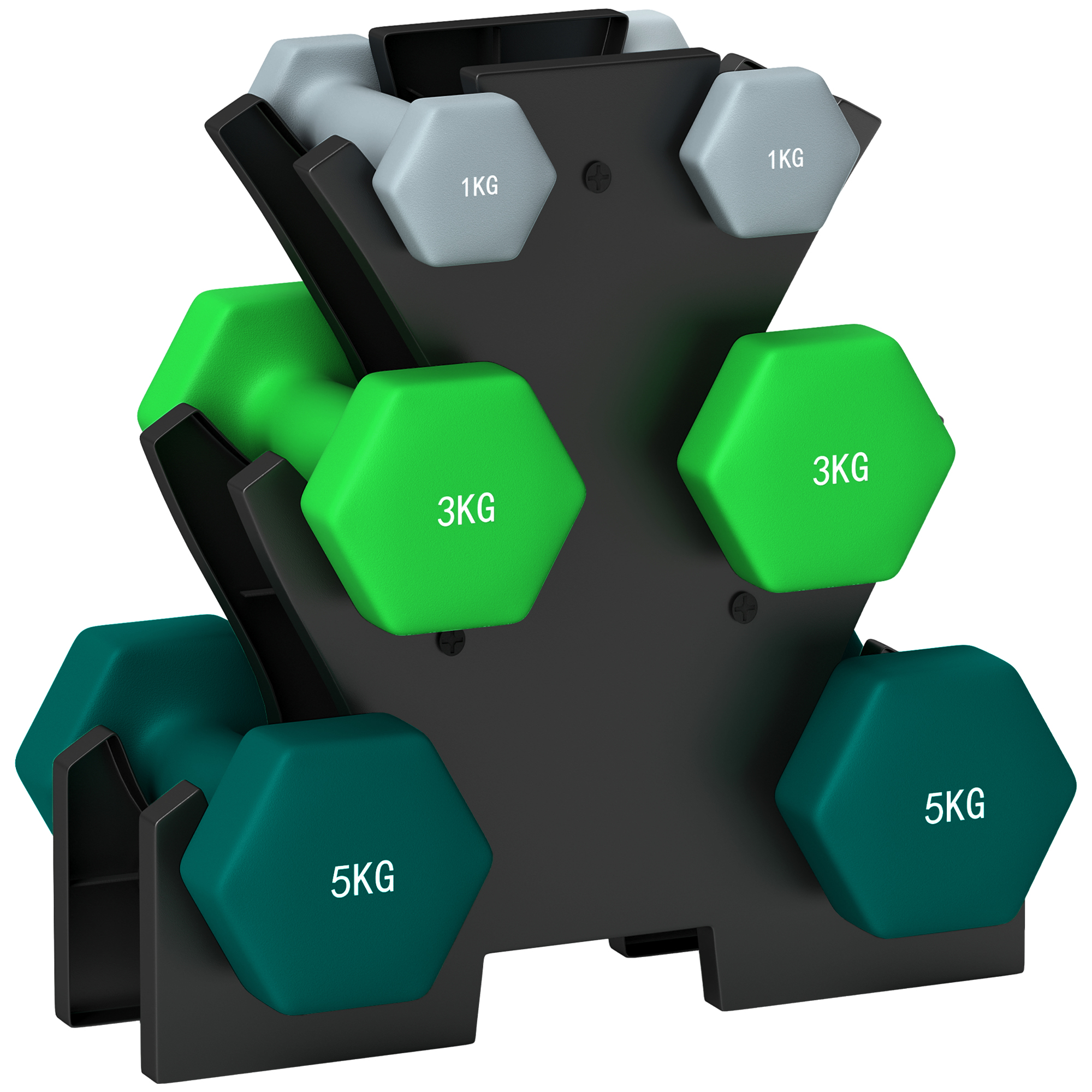 Ein schwarzes Hantelregal enthält Hanteln verschiedener Gewichte: 1 kg, 3 kg und 5 kg. Grüne und graue Hanteln sind sichtbar.