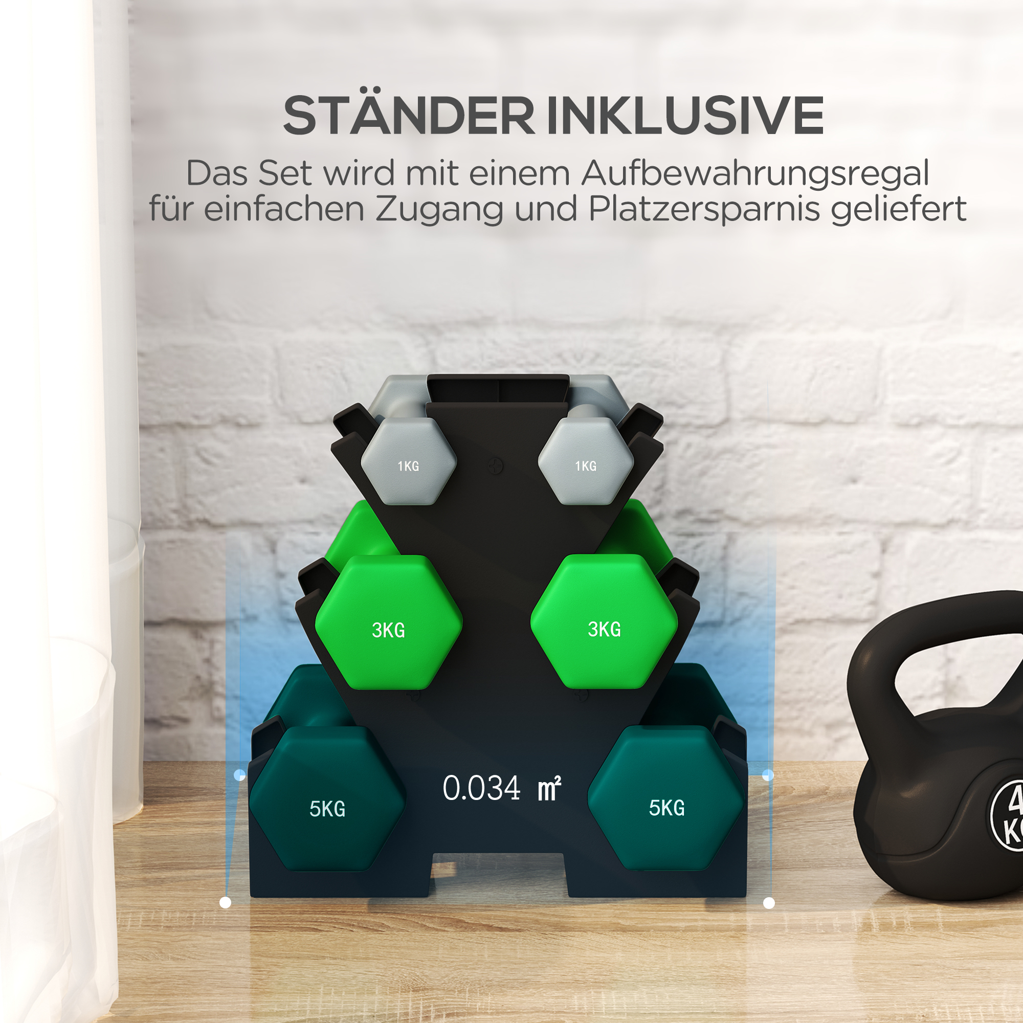 Ein Satz Hanteln auf einem Gestell. Es gibt Gewichte von 1, 3 und 5 kg. Der Hintergrund zeigt eine Wand und eine Kettlebell.