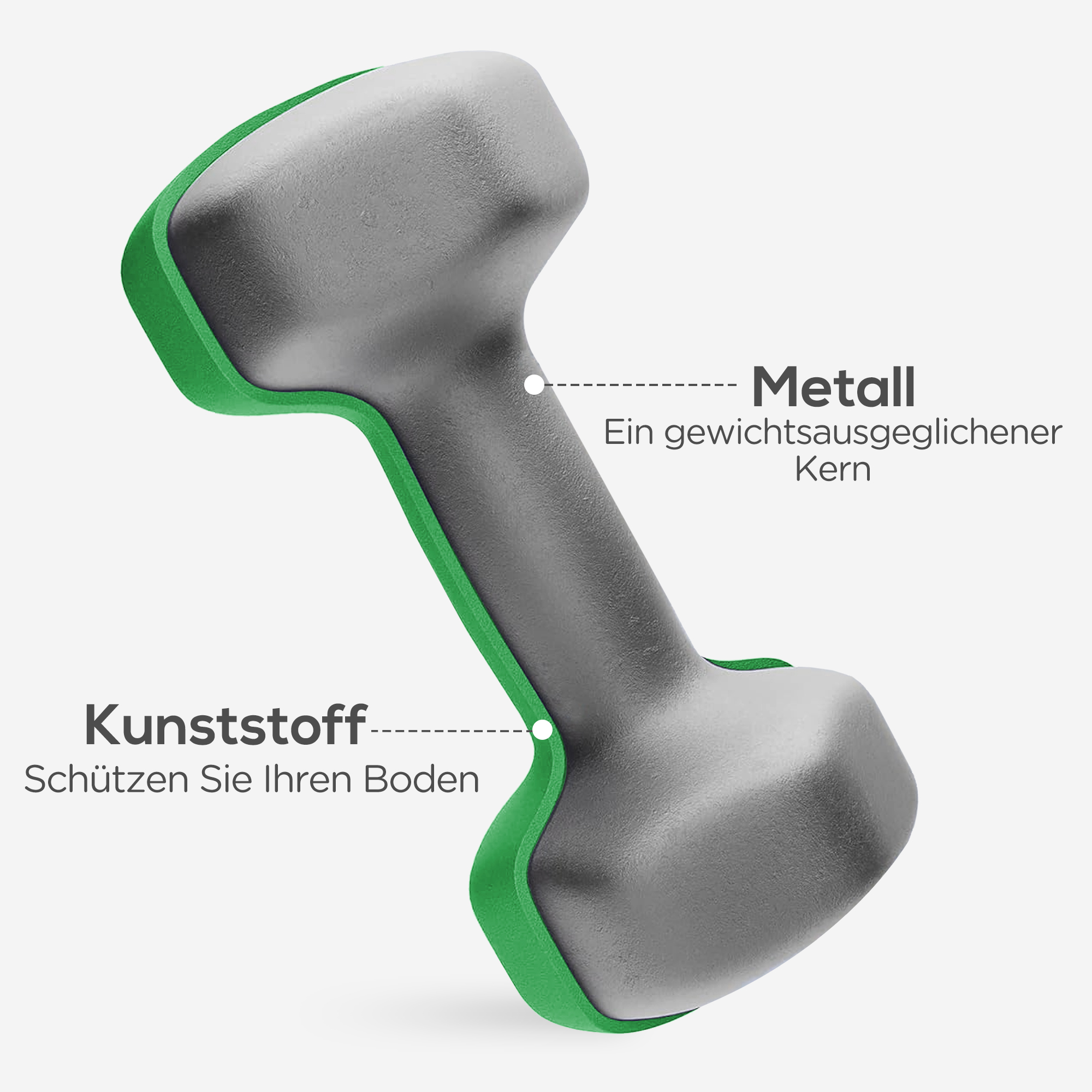 Hantel mit grünen Rändern und grauem Zentrum, Text kennzeichnet Teile auf Deutsch.