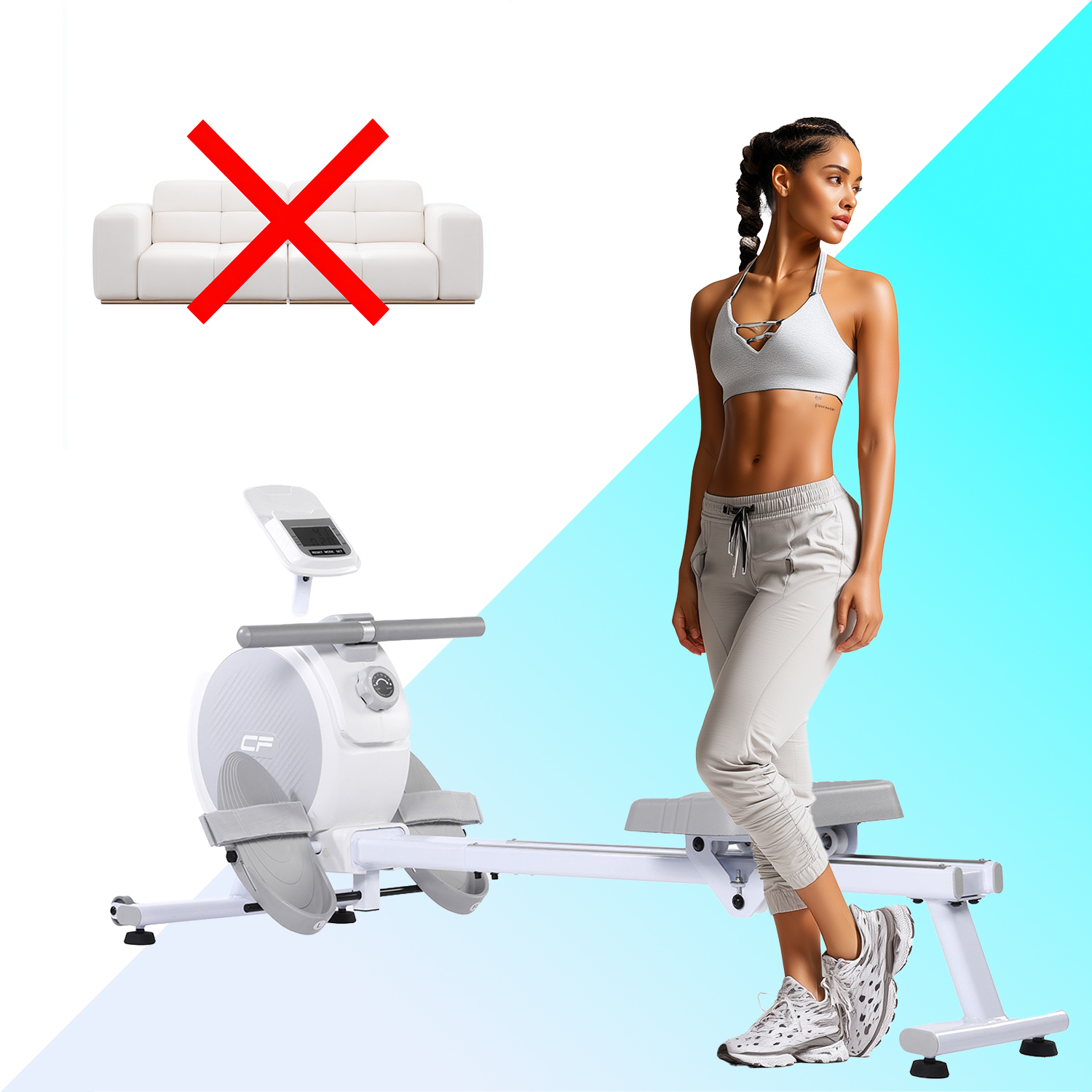 Una mujer de pie junto a una máquina de remo. Una X roja sobre un sofá.