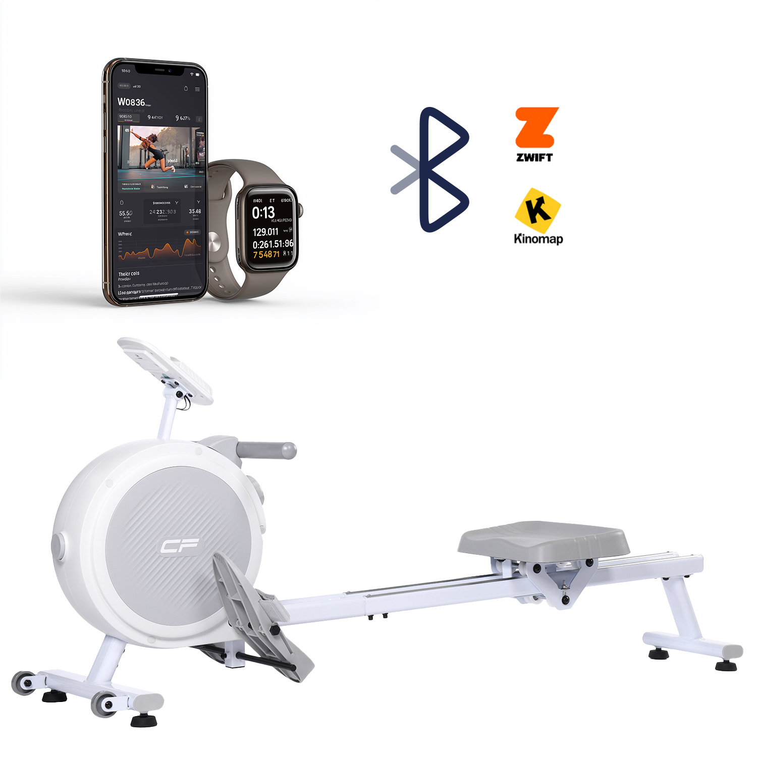 Máquina de remo con teléfono y smartwatch mostrando datos de entrenamiento.