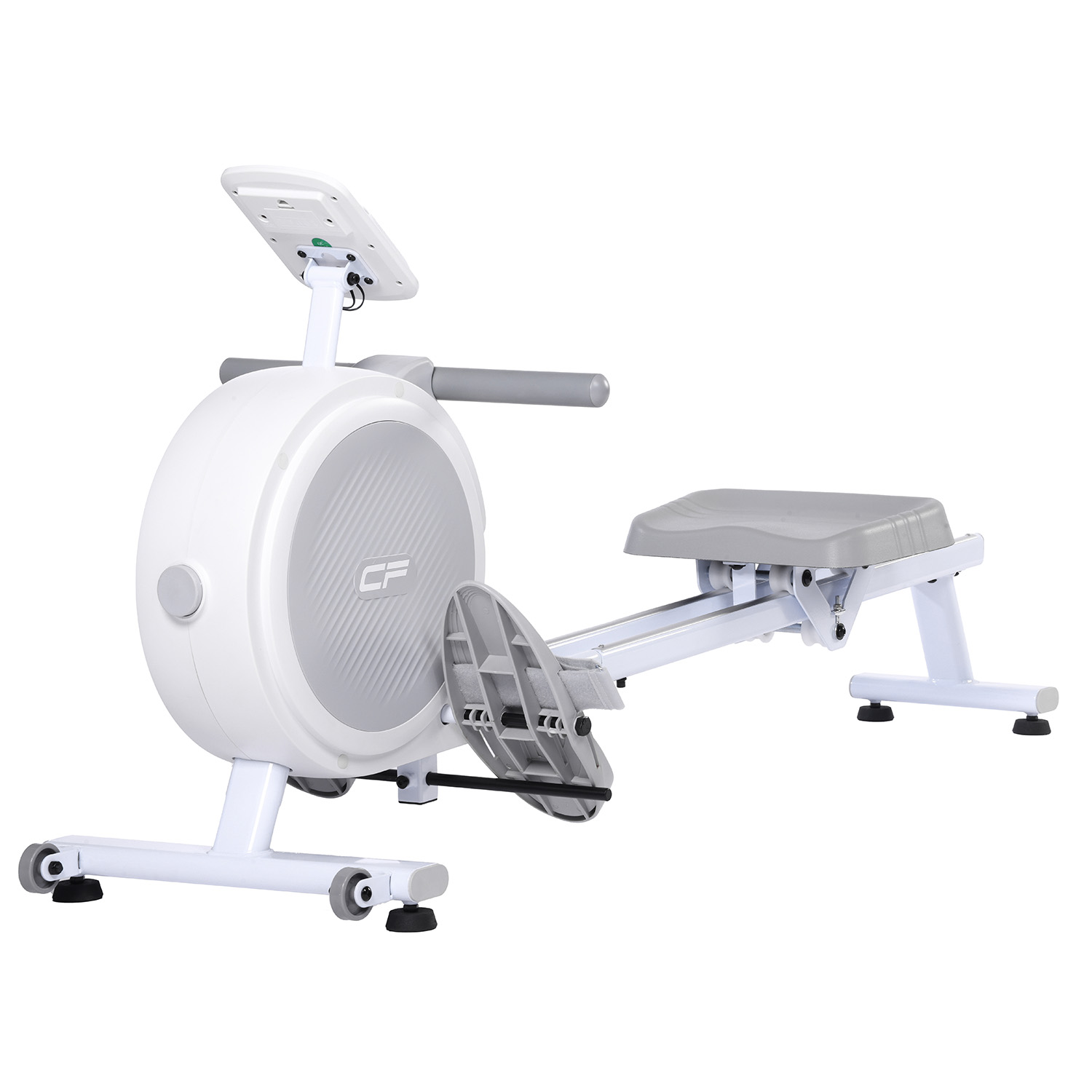 Máquina de remo blanca y gris. Tiene pantalla, asiento y reposapiés sobre un marco blanco. Fondo liso.