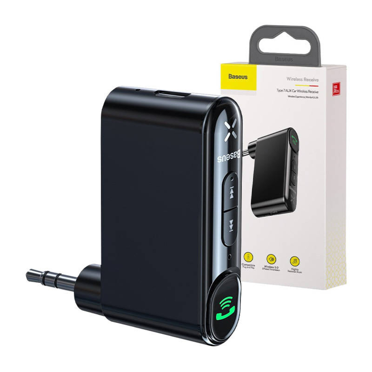 Schwarzer drahtloser Empfänger für das Auto von Baseus mit einer Box, die seine Funktionen und ein Telefonsymbol zeigt.