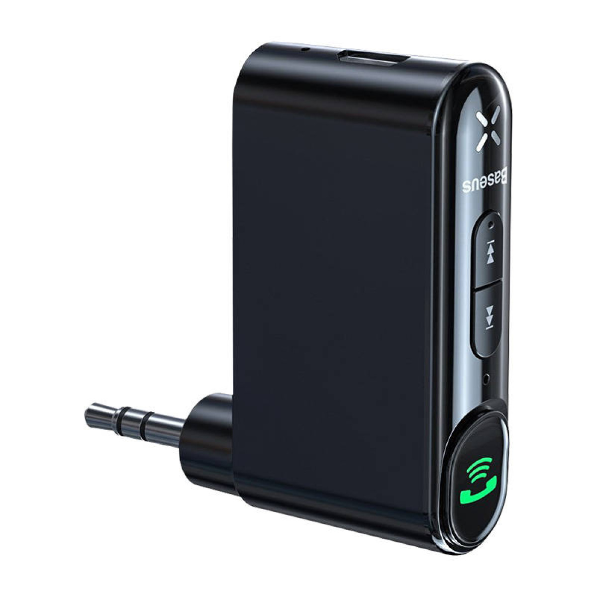 Schwarzer Audioadapter mit 3,5-mm-Klinke und Knöpfen.