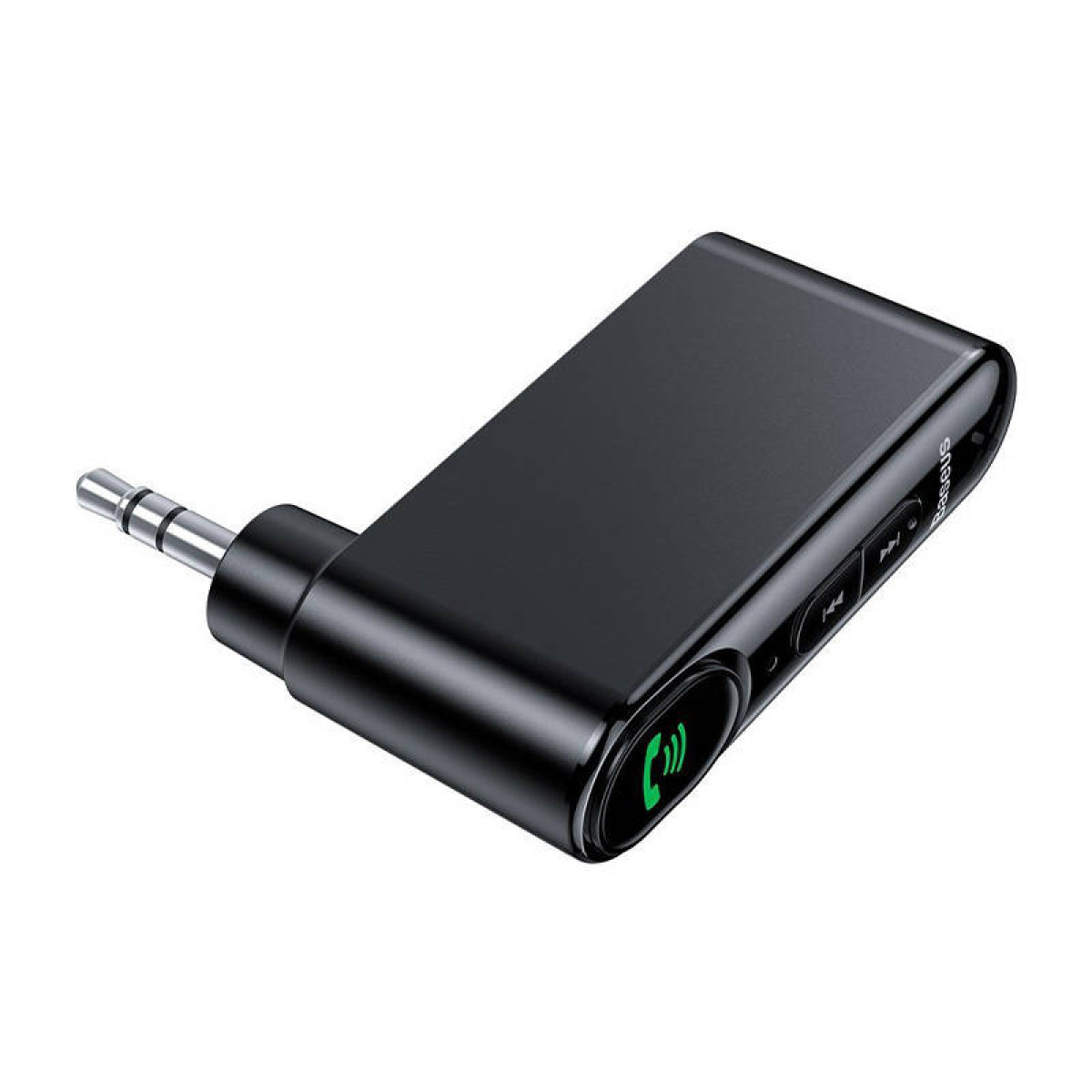 Schwarzer Bluetooth-Empfänger mit 3,5-mm-Klinke und Knöpfen.