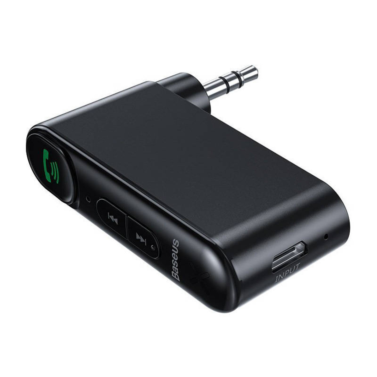 Schwarzer Bluetooth-Empfänger mit Tasten, Baseus-Logo und Telefonanschluss-Eingang.