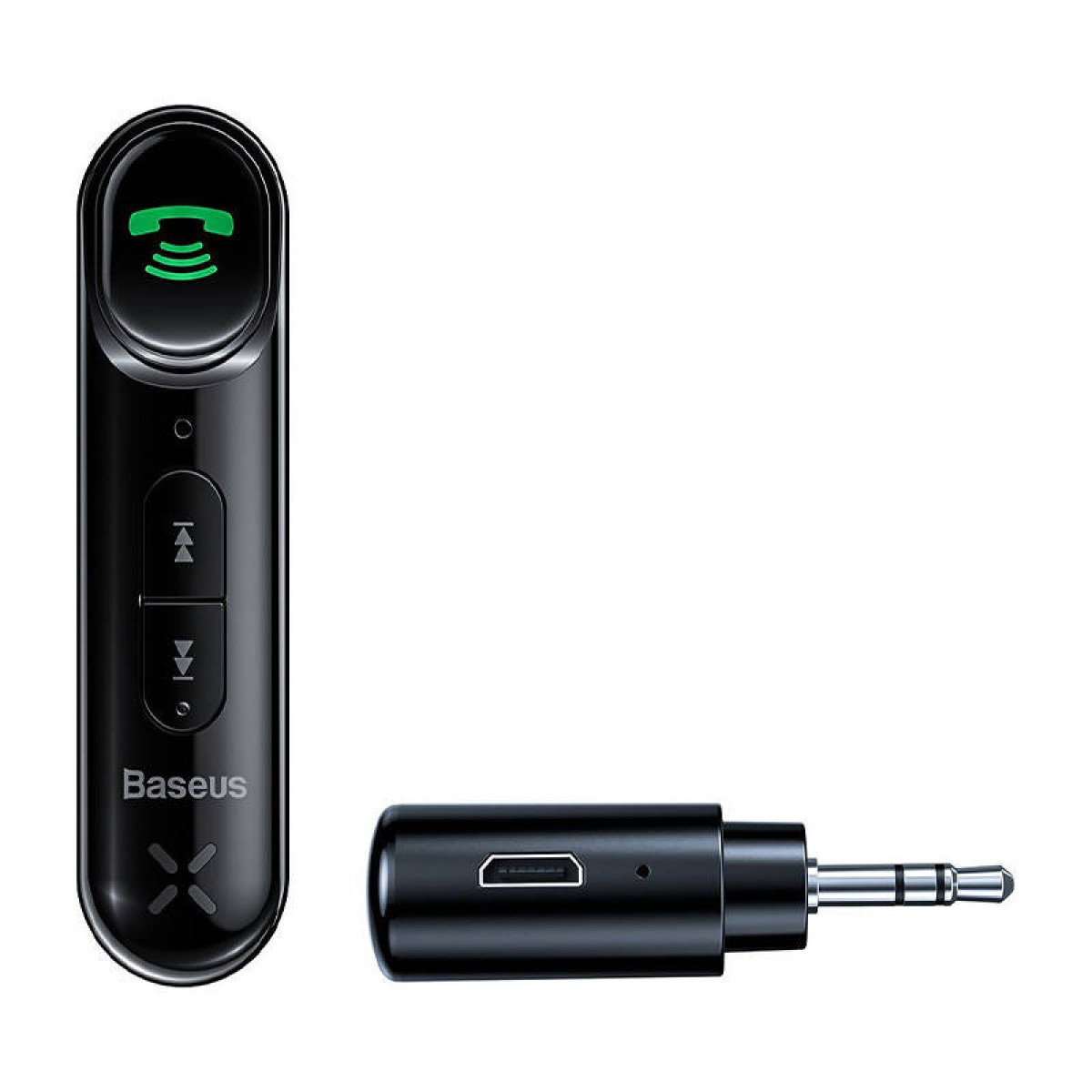 Schwarzes Bluetooth-Gerät. Zwei Tasten und ein Baseus-Logo. 3,5-mm-Klinke.