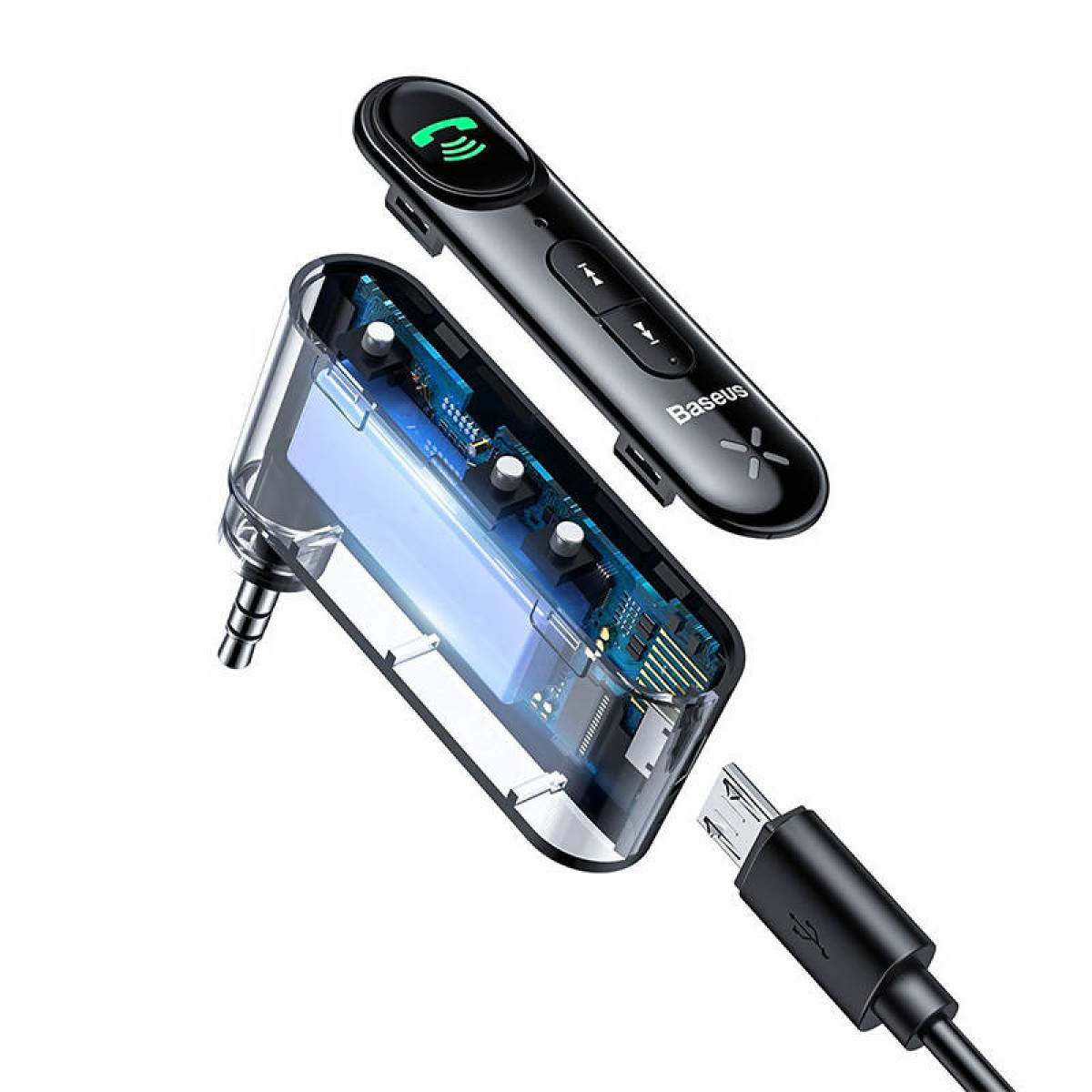 Ein Baseus Bluetooth-Auto-Kit mit USB-Kabel und 3,5-mm-Klinke.