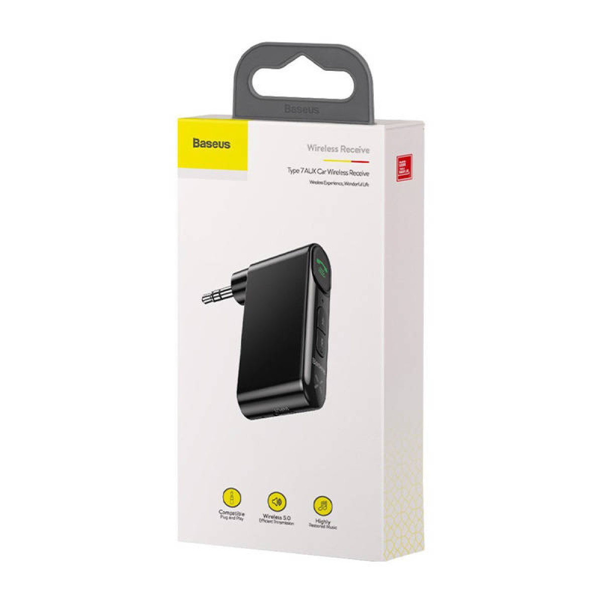 Ein schwarzer kabelloser Baseus-Empfänger für das Auto in seiner Verpackung, mit sichtbarem Produkt und Griff oben.