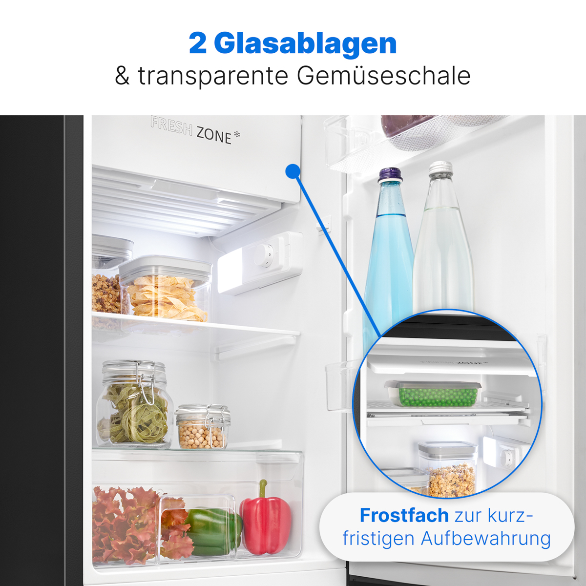 Kühlschrankinnenraum mit Regalen, Gemüse und Wasserflaschen. Text sagt: Fresh Zone und Frostfach.