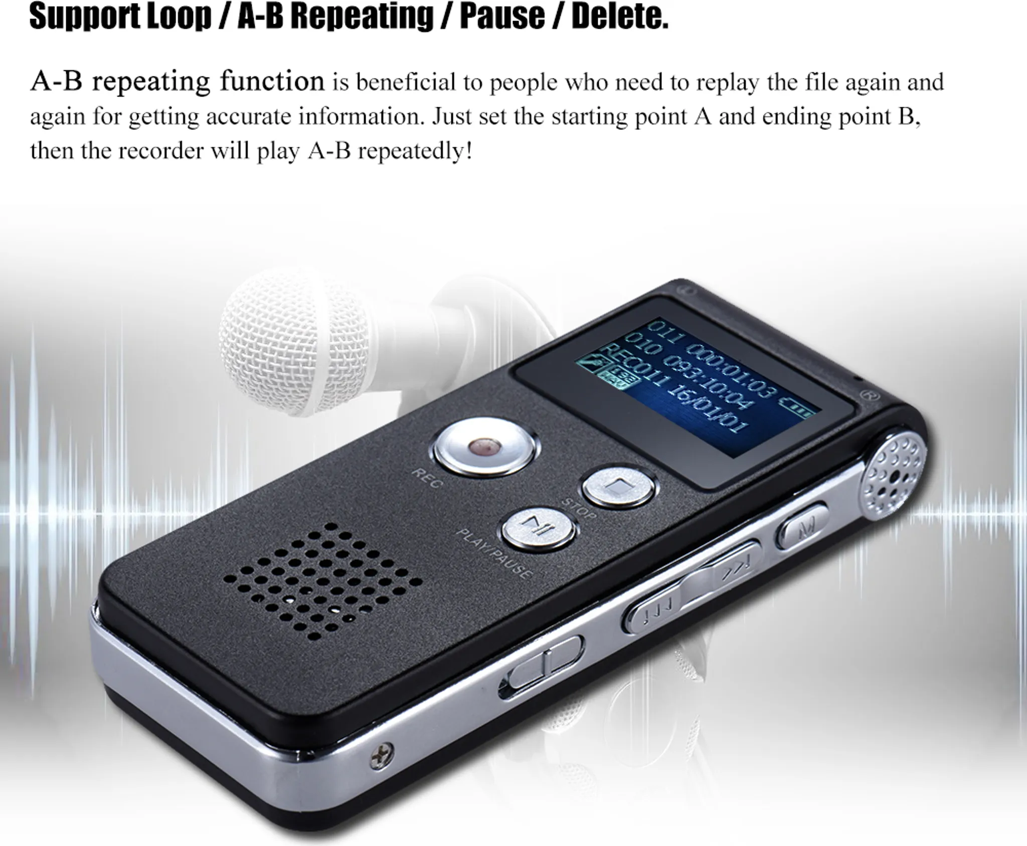 Schwarzer Audiorecorder mit Bildschirm, Knöpfen und Mikrofon. Text über Loop- und Pausenfunktionen sichtbar.