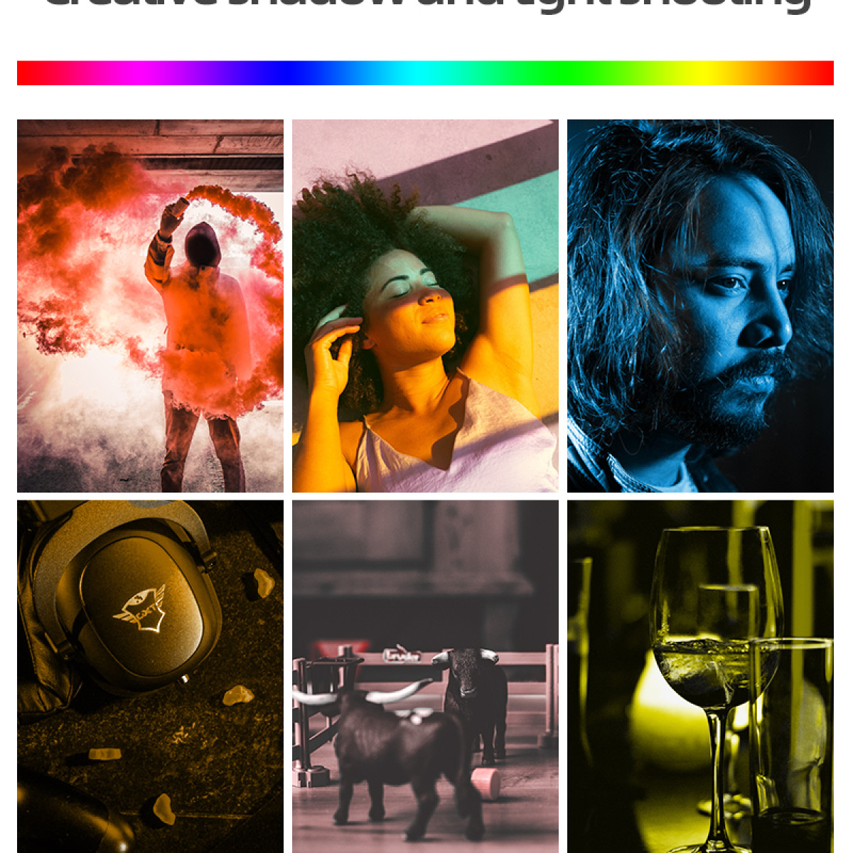 Sześciu obrazów kolaż z kolorowymi efektami świetlnymi na ludziach i przedmiotach.