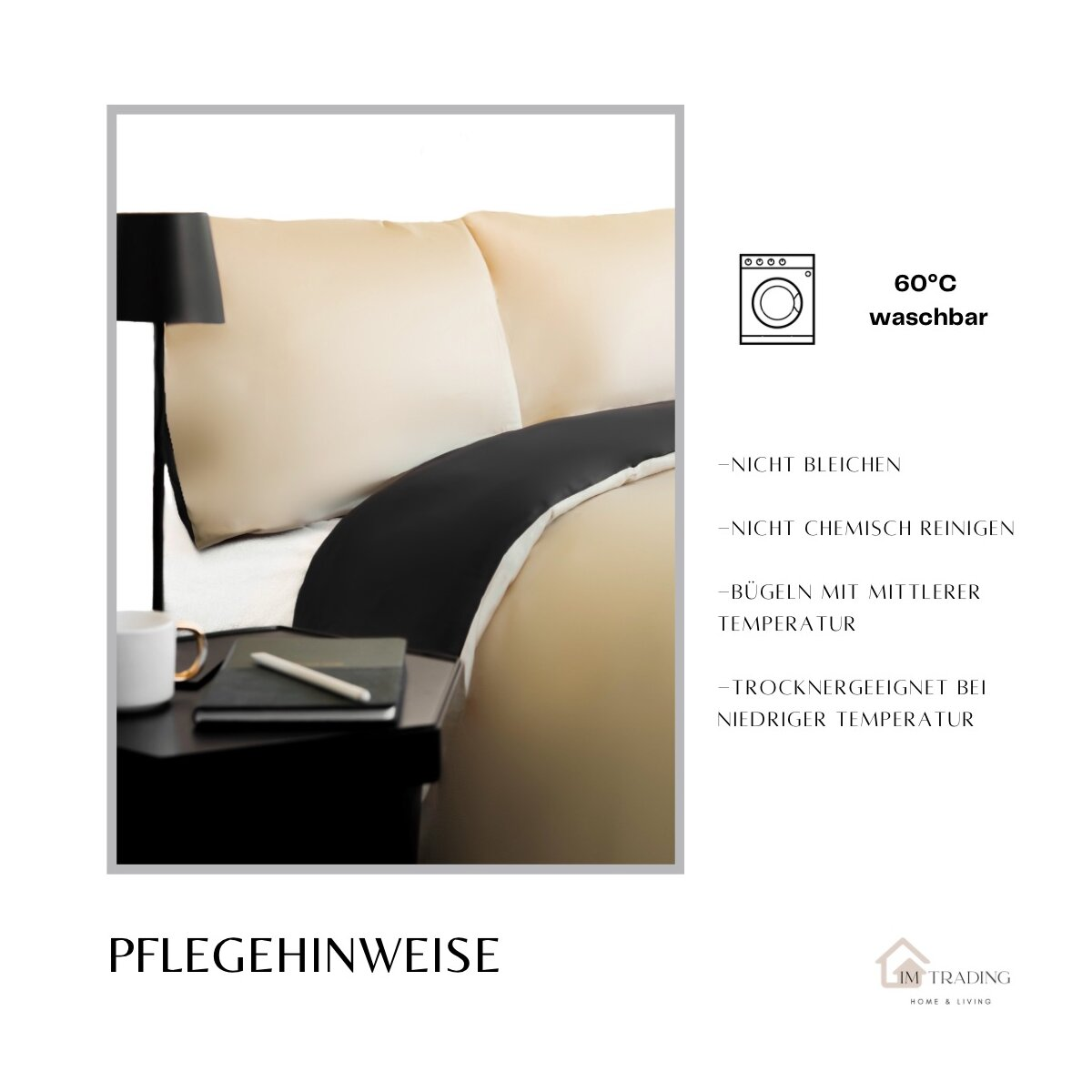 Ein Schlafzimmer mit Bett, Nachttisch und Anweisungen. Bettwäsche ist cremefarben und schwarz.