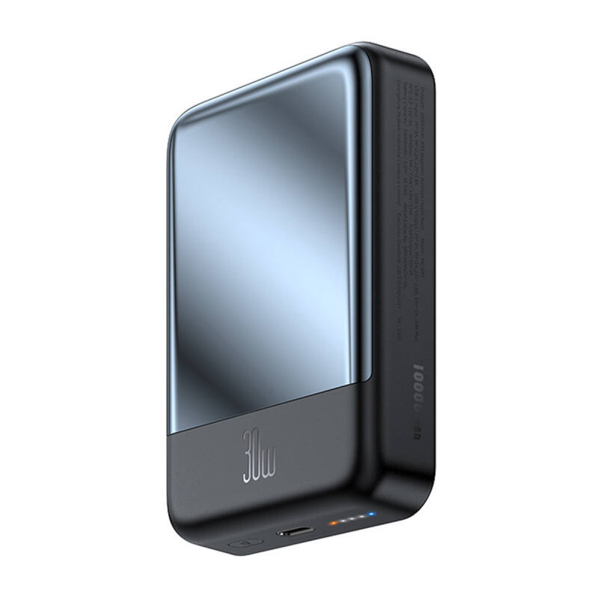 Eine schwarze, rechteckige Powerbank mit glänzender Oberfläche und 30W Text.