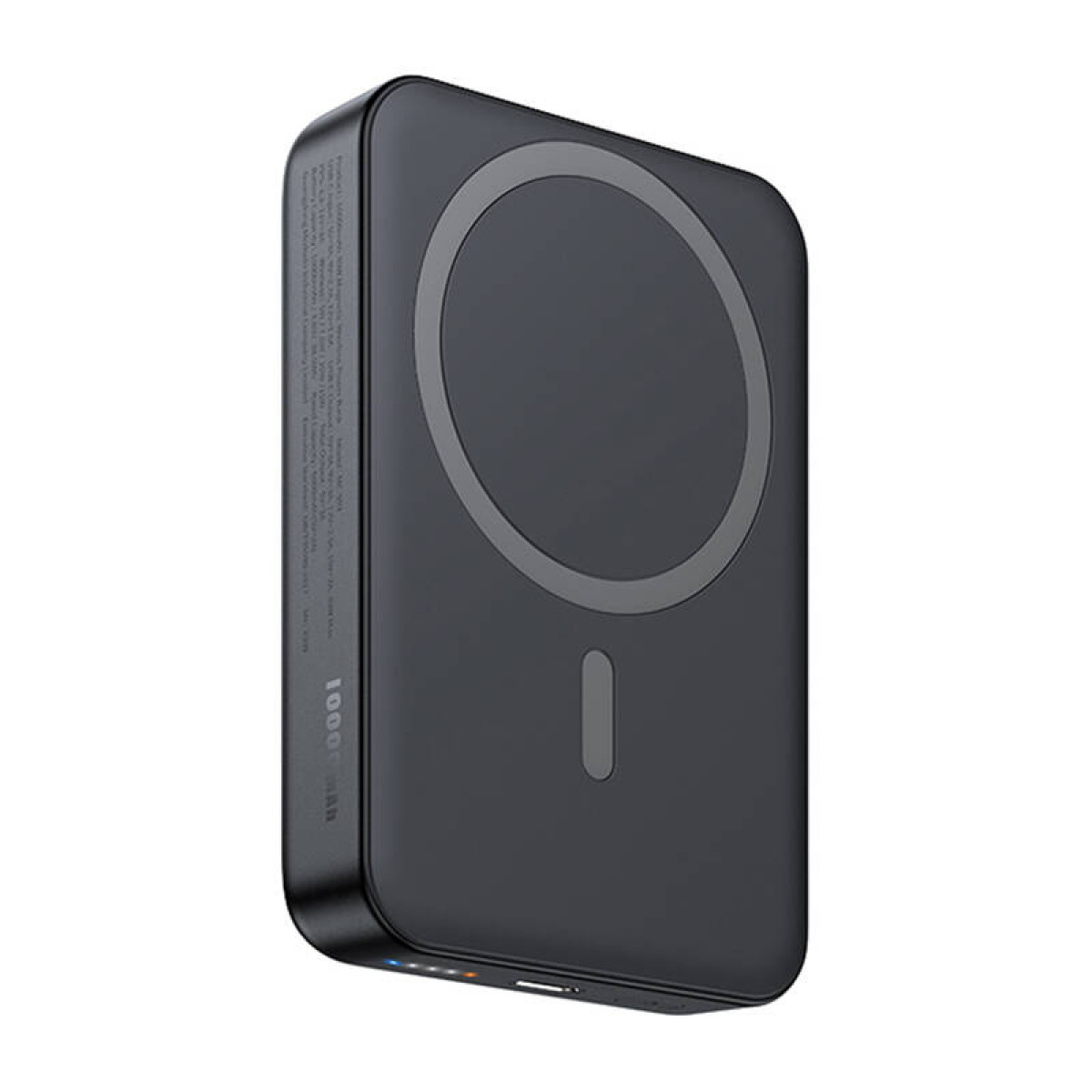 Eine schwarze Powerbank mit einem kreisförmigen kabellosen Ladebereich. Der Text 10000 mAh ist zu sehen.