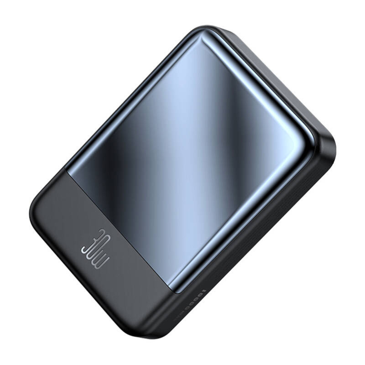 Eine schwarze, rechteckige Powerbank mit reflektierender Oberfläche, 30W aufgedruckt.