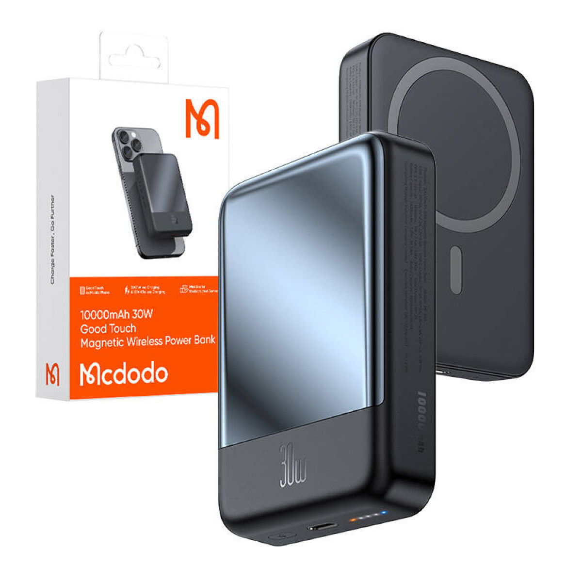 Schwarze Powerbank mit Telefon und Box. Die Powerbank hat ein 30-W-Zeichen und die Box sagt 10000mAh 30W.
