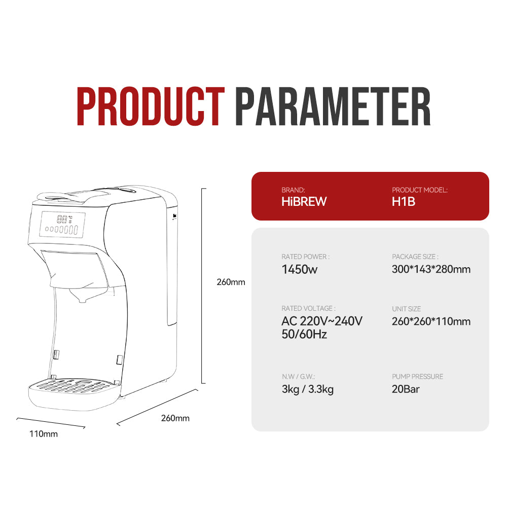 Kaffeemaschine mit Text und Abmessungen. Weiße Maschine, schwarzer Text. Produktparameter angezeigt.