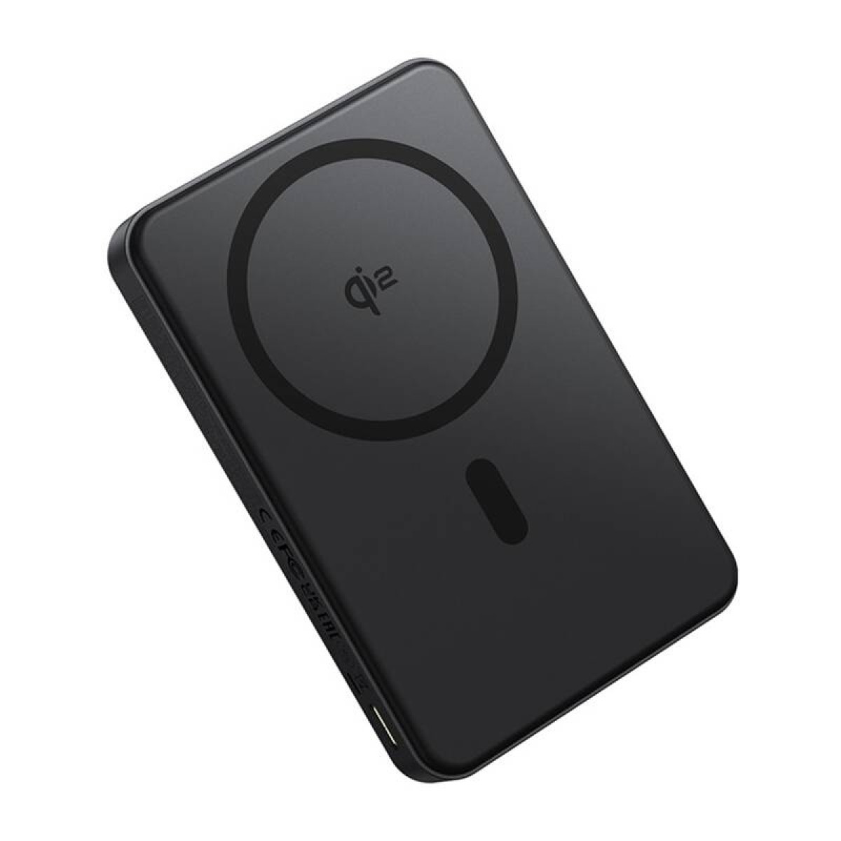 Czarna ładowarka bezprzewodowa z logo QI i wskaźnikiem ładowania, widok z boku.