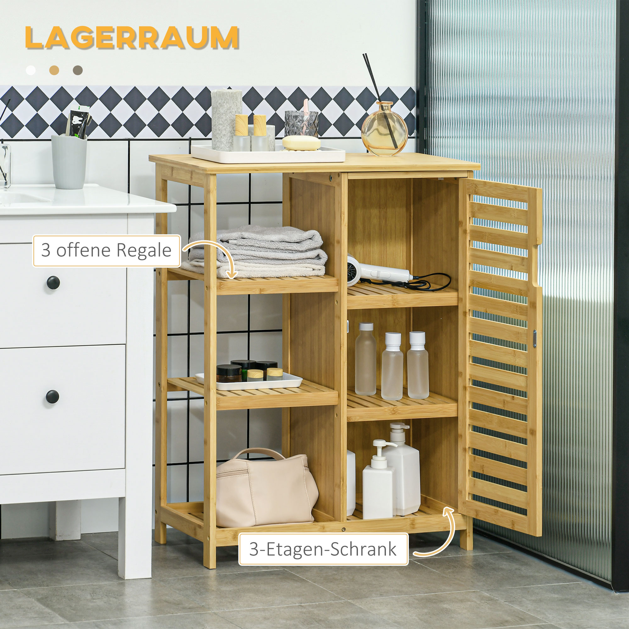 Badezimmerschrank aus Holz mit offenen Regalen und einem geschlossenen Schrank mit Regalen innen.