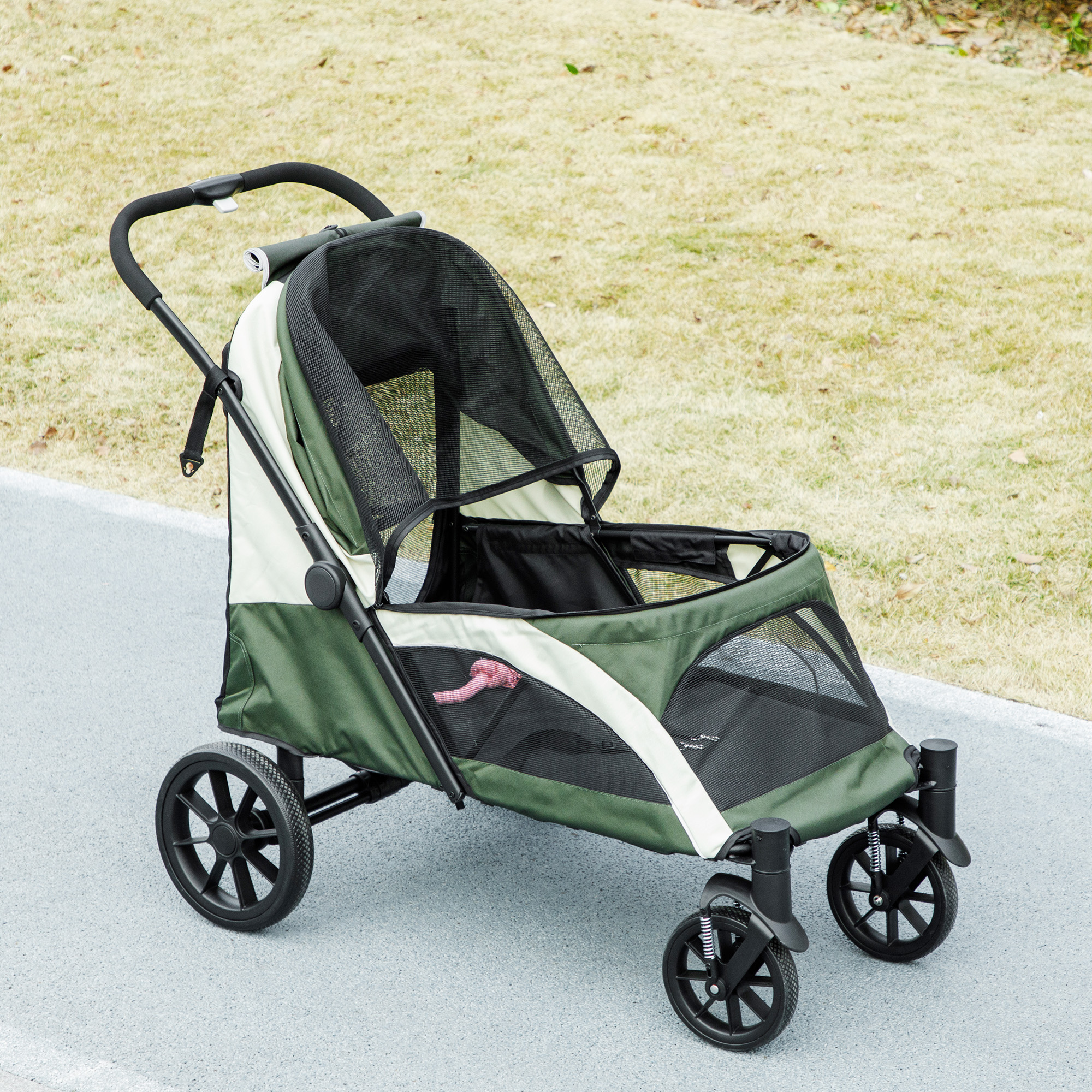 Grüner und weißer Haustier-Buggy auf einem gepflasterten Weg, Gras Hintergrund.