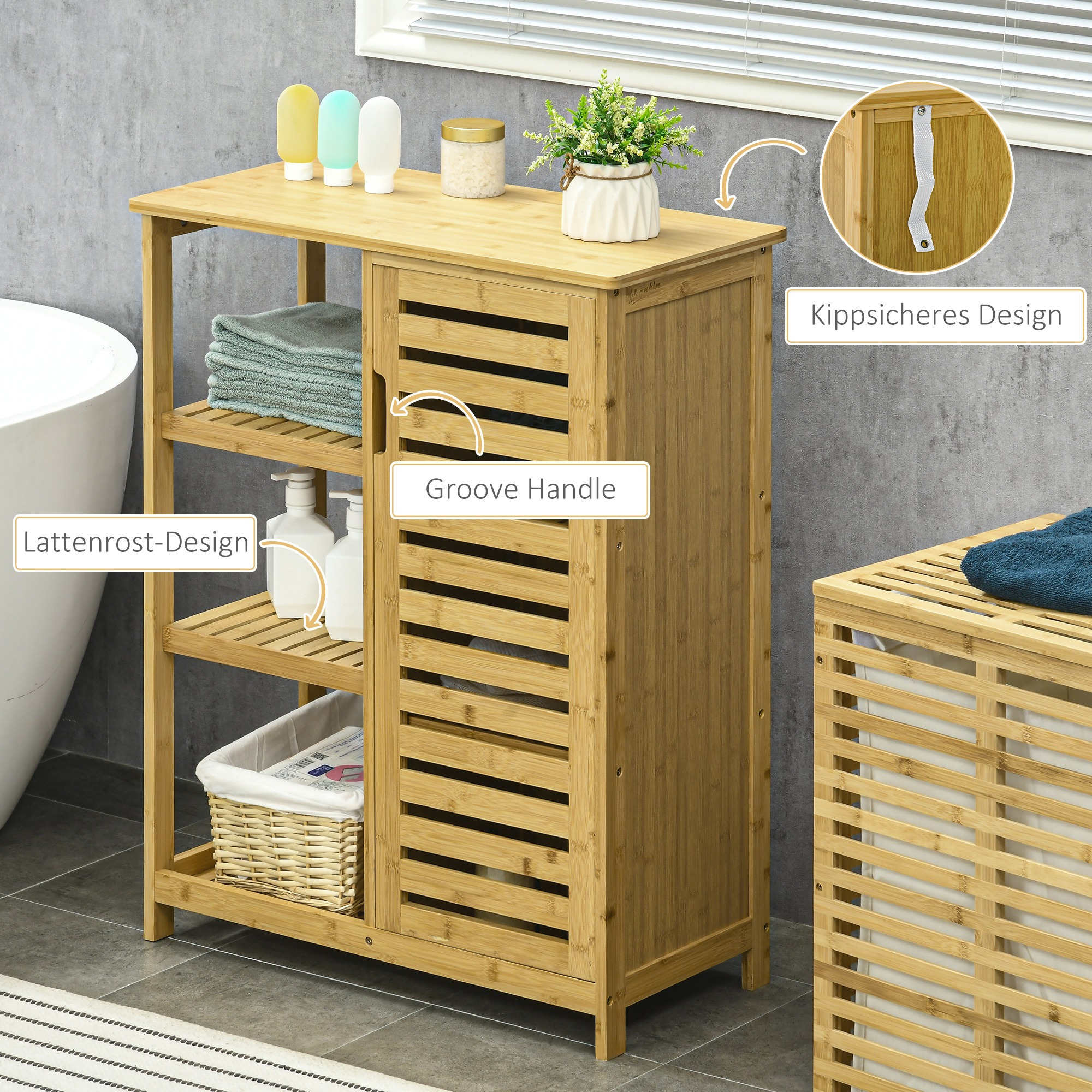 Holzschrank mit Regalen und einer Tür, mit Gegenständen oben und innen.