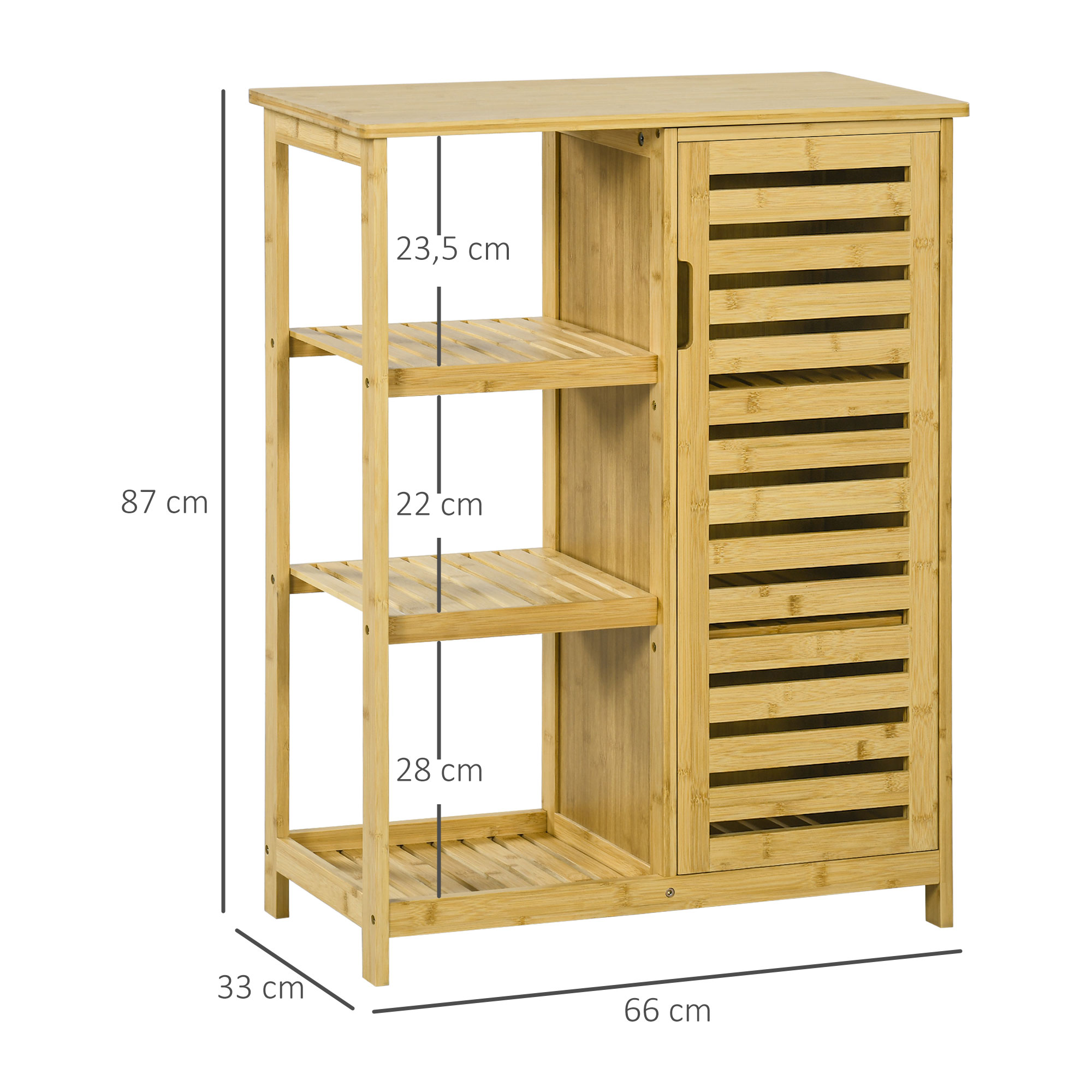 Ein hellbrauner Holzschrank mit drei Regalen links und einer Tür rechts.