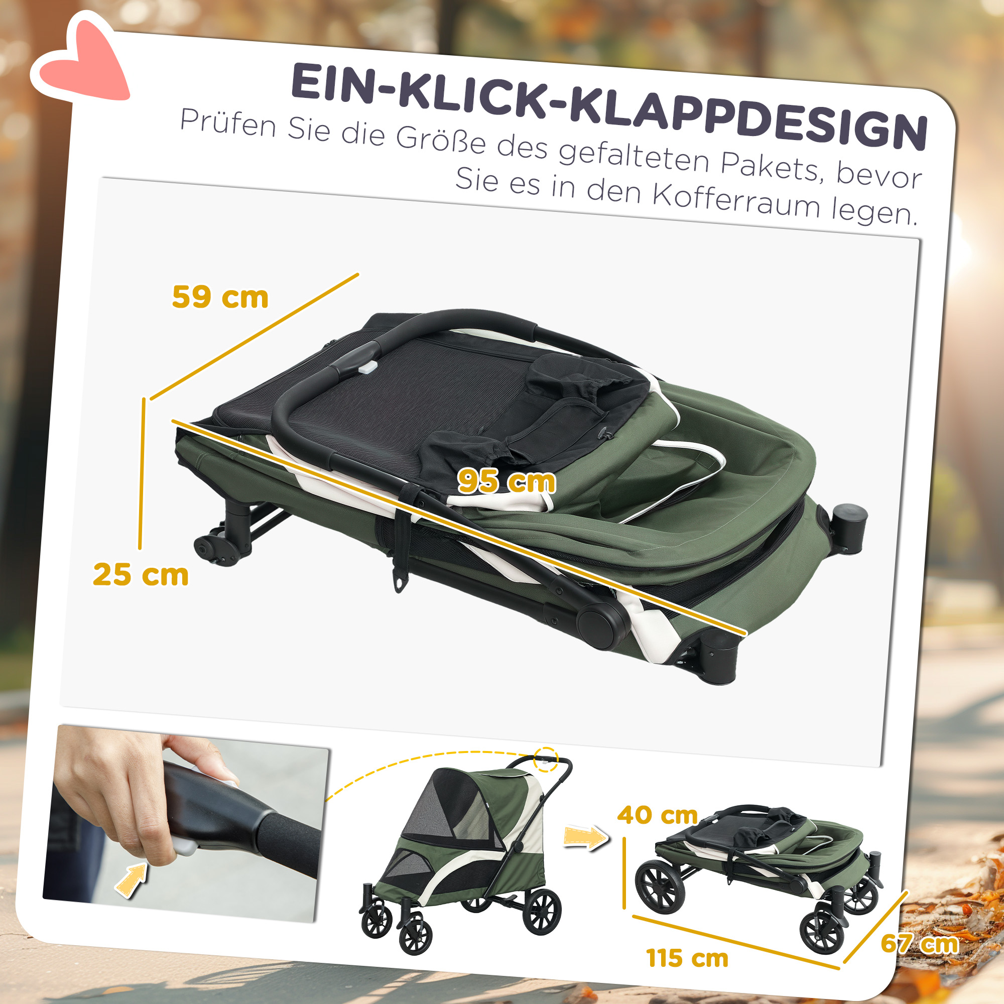 Gefalteter Kinderwagen mit angegebenen Abmessungen, hervorgehoben vor verschwommenem Hintergrund.