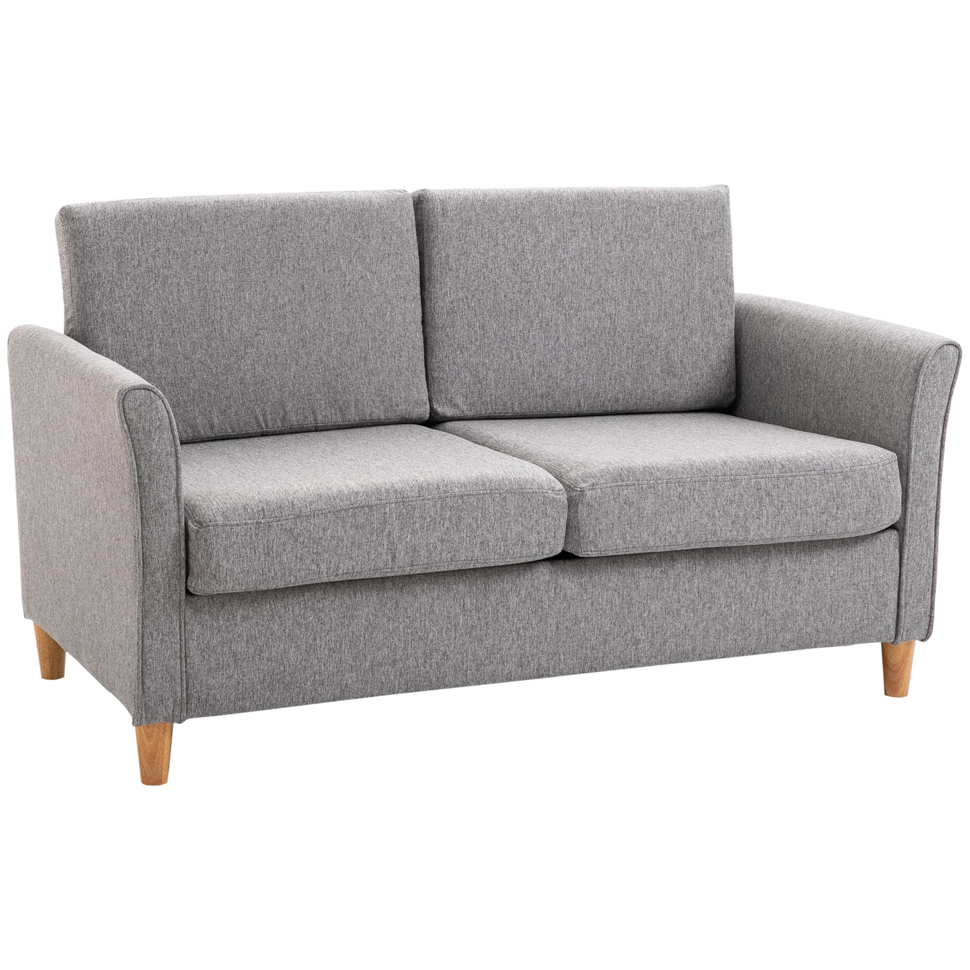 Graues Zweisitzer-Sofa mit Holzbeinen. Weißer Hintergrund.