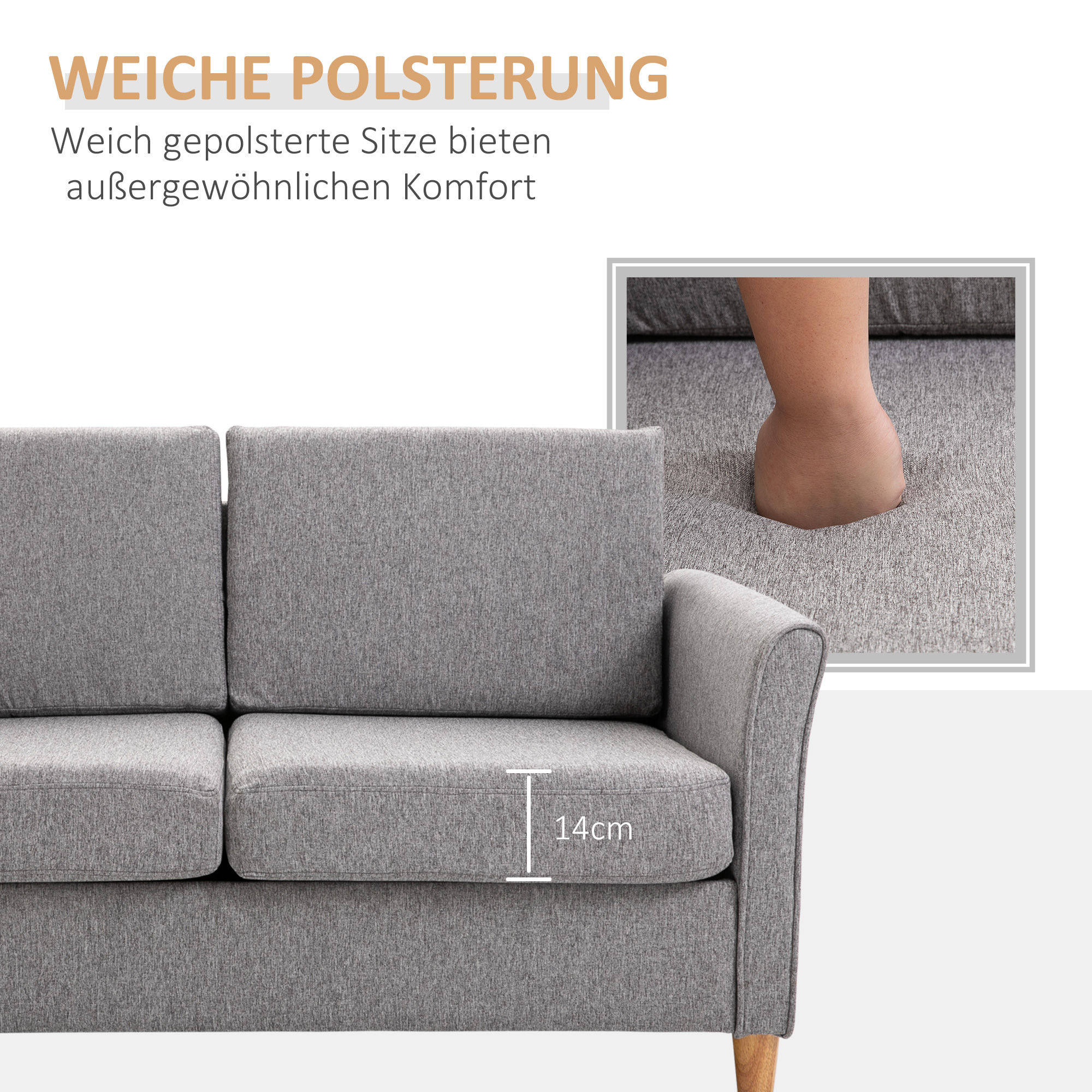 Graues Sofa mit einer Hand, die auf das Kissen drückt, Text.