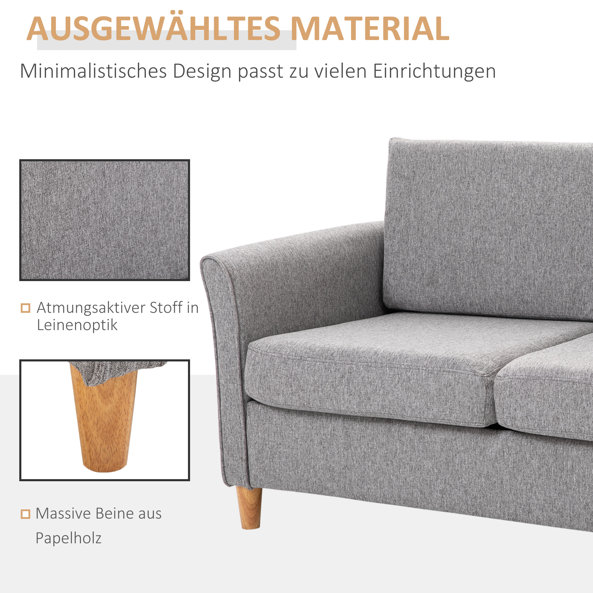 Graues Sofa mit Holzbeinen. Details zu Stoff und Beinen werden gezeigt.