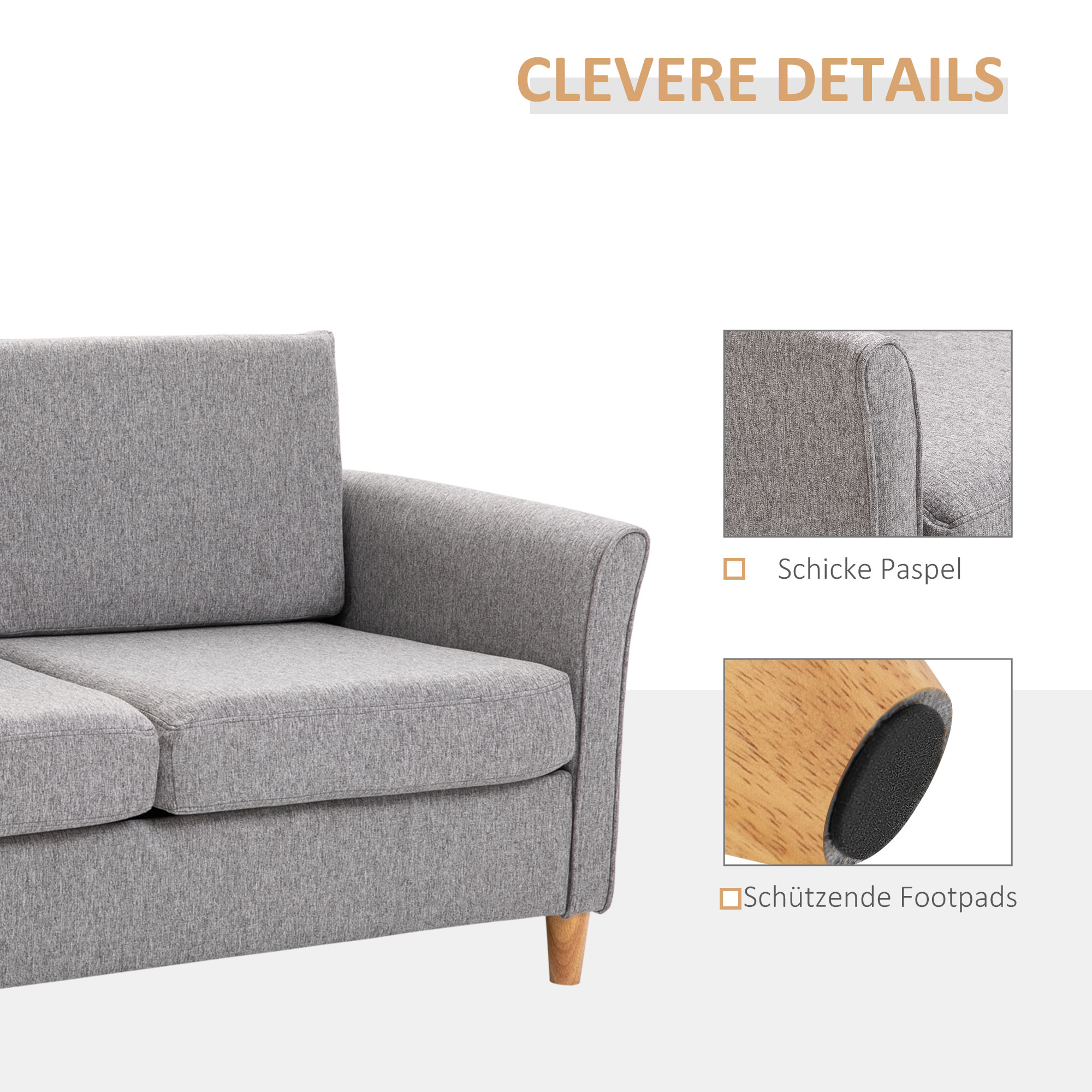 Ein graues Sofa mit Holzbeinen. Nahaufnahmen der Kante und der Fußpolster sind in den Inset-Bildern gezeigt.