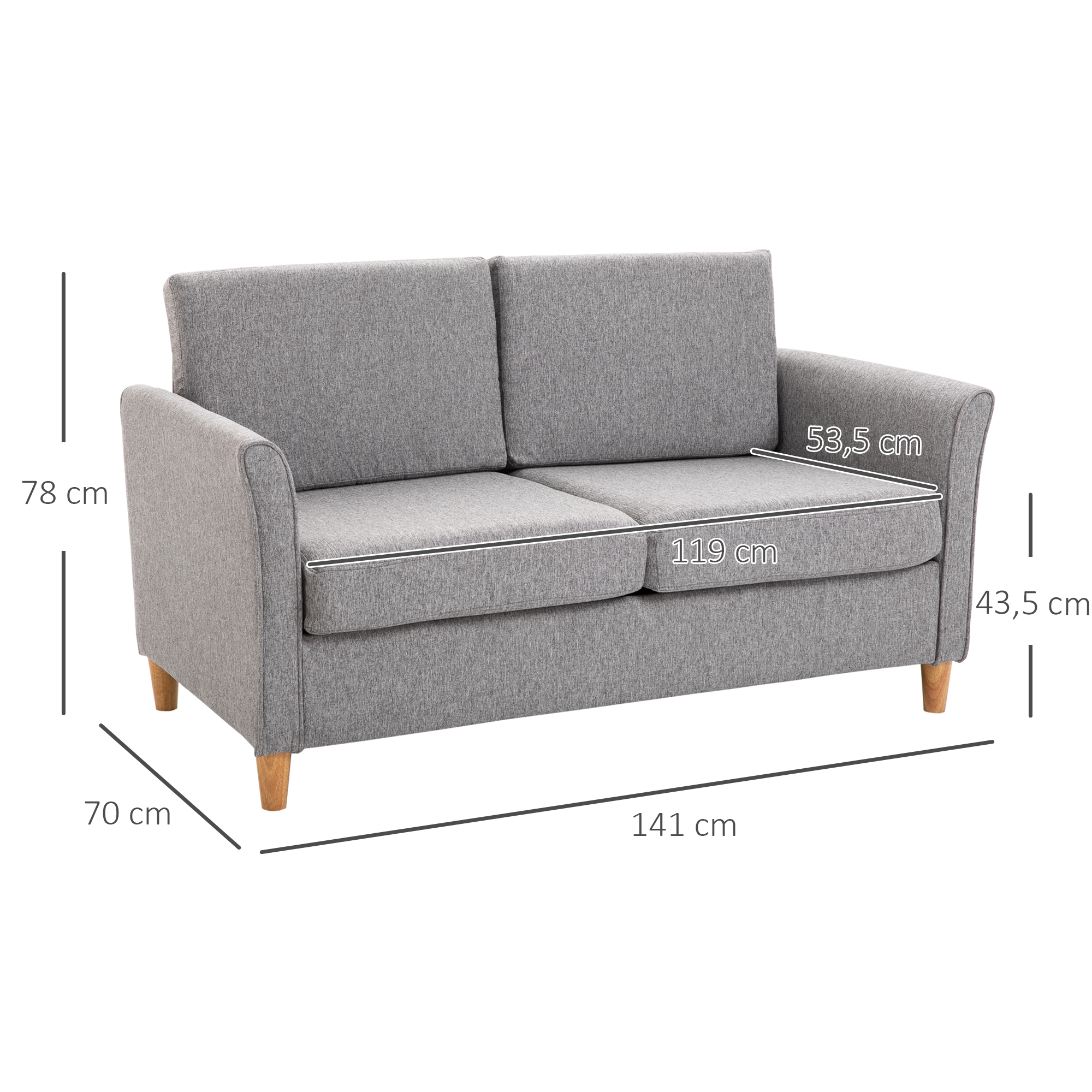 Graues Sofa mit angegebenen Abmessungen. Holzbeine, weißer Besatz.