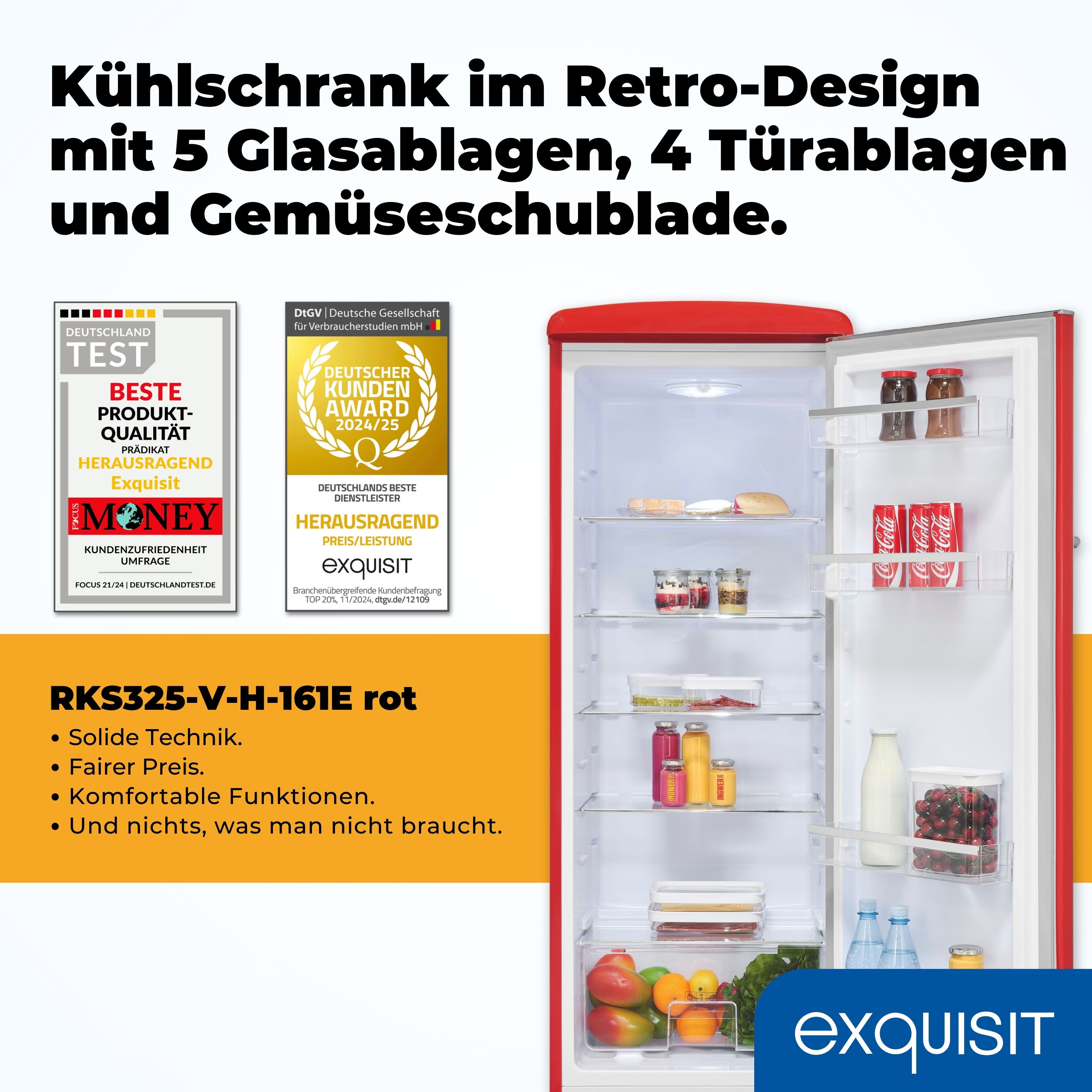 Ein roter Retro-Kühlschrank mit weißem Innenraum, der Regale und Produkte zeigt.