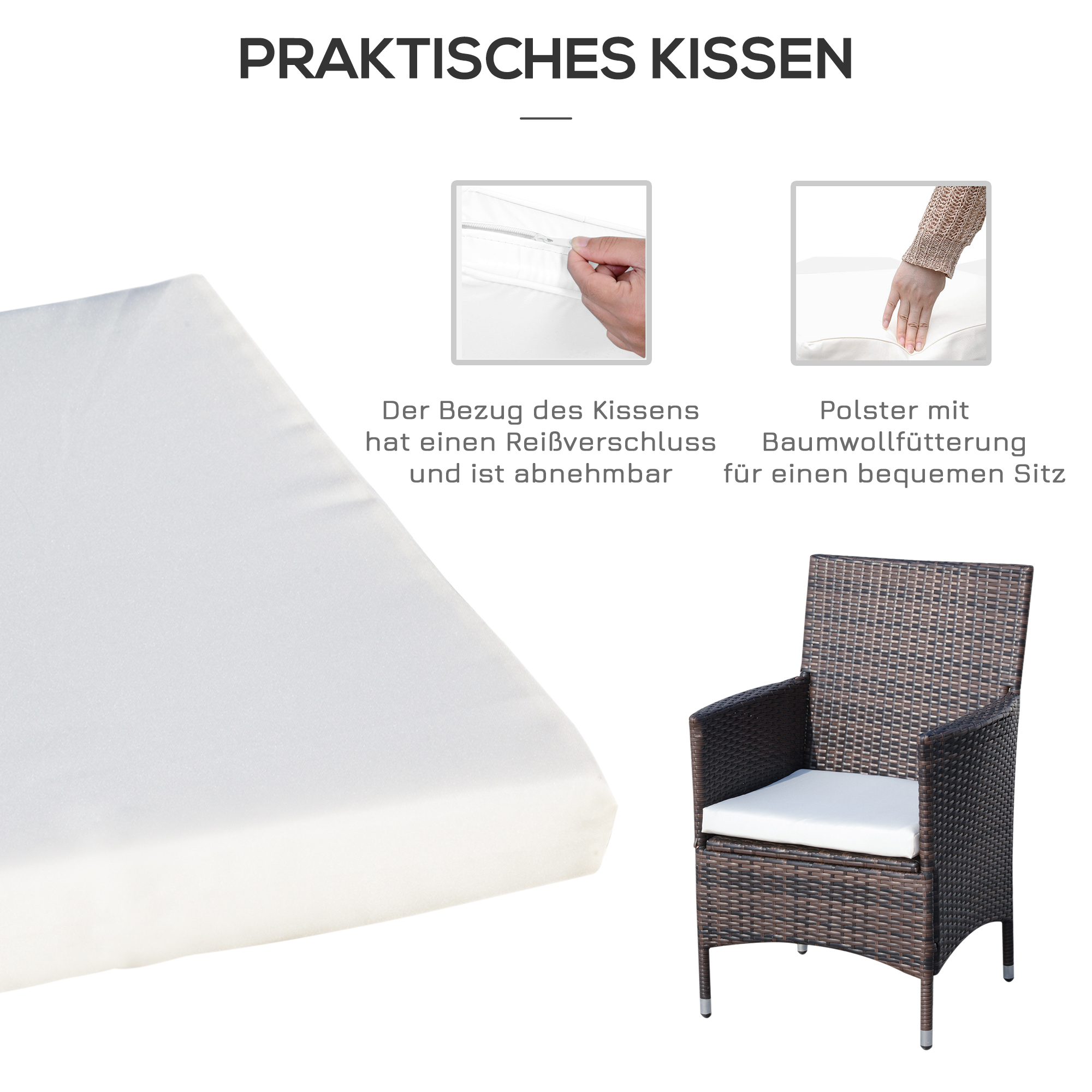 Weißes Kissen mit Reißverschluss und brauner Korbstuhl mit Kissen, Text.