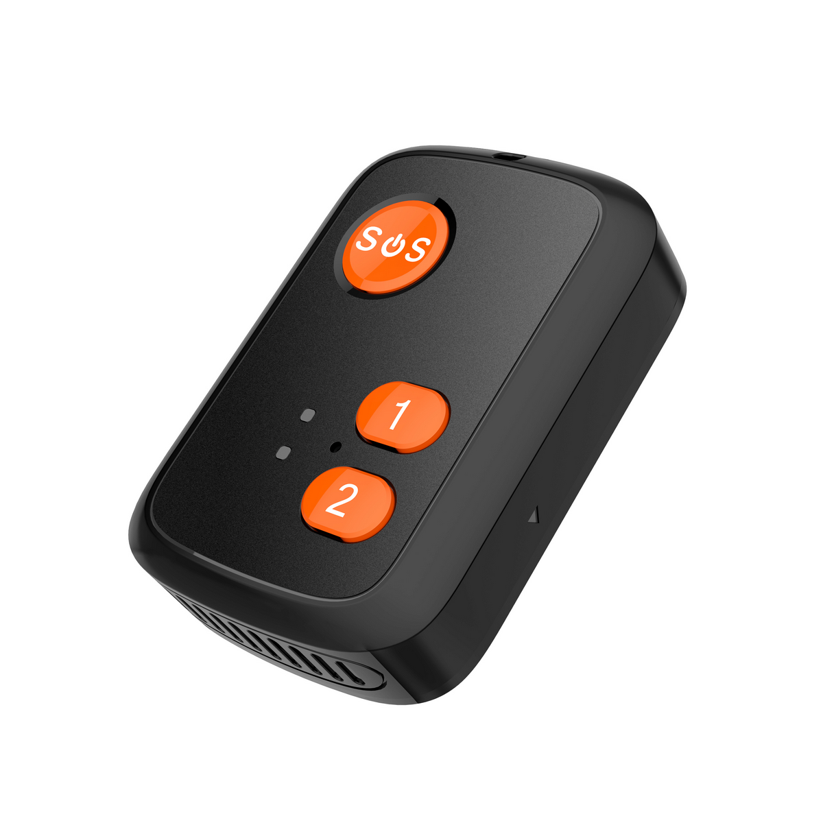 Schwarzer, rechteckiger GPS-Tracker mit drei orangefarbenen Knöpfen: SOS, 1 und 2.