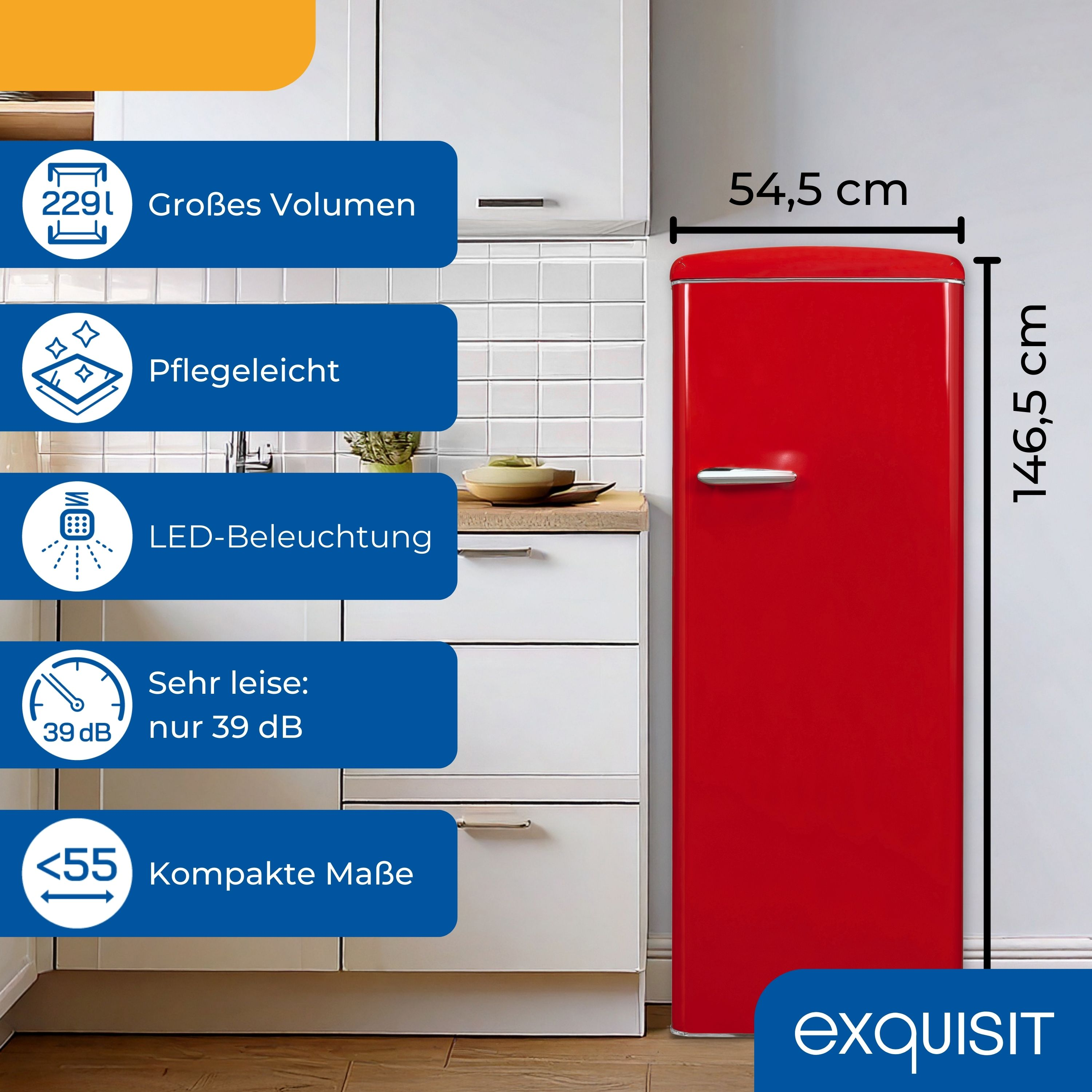 Roter Retro-Kühlschrank mit weißem Innenraum, mit Größenangaben auf weißem Hintergrund dargestellt.